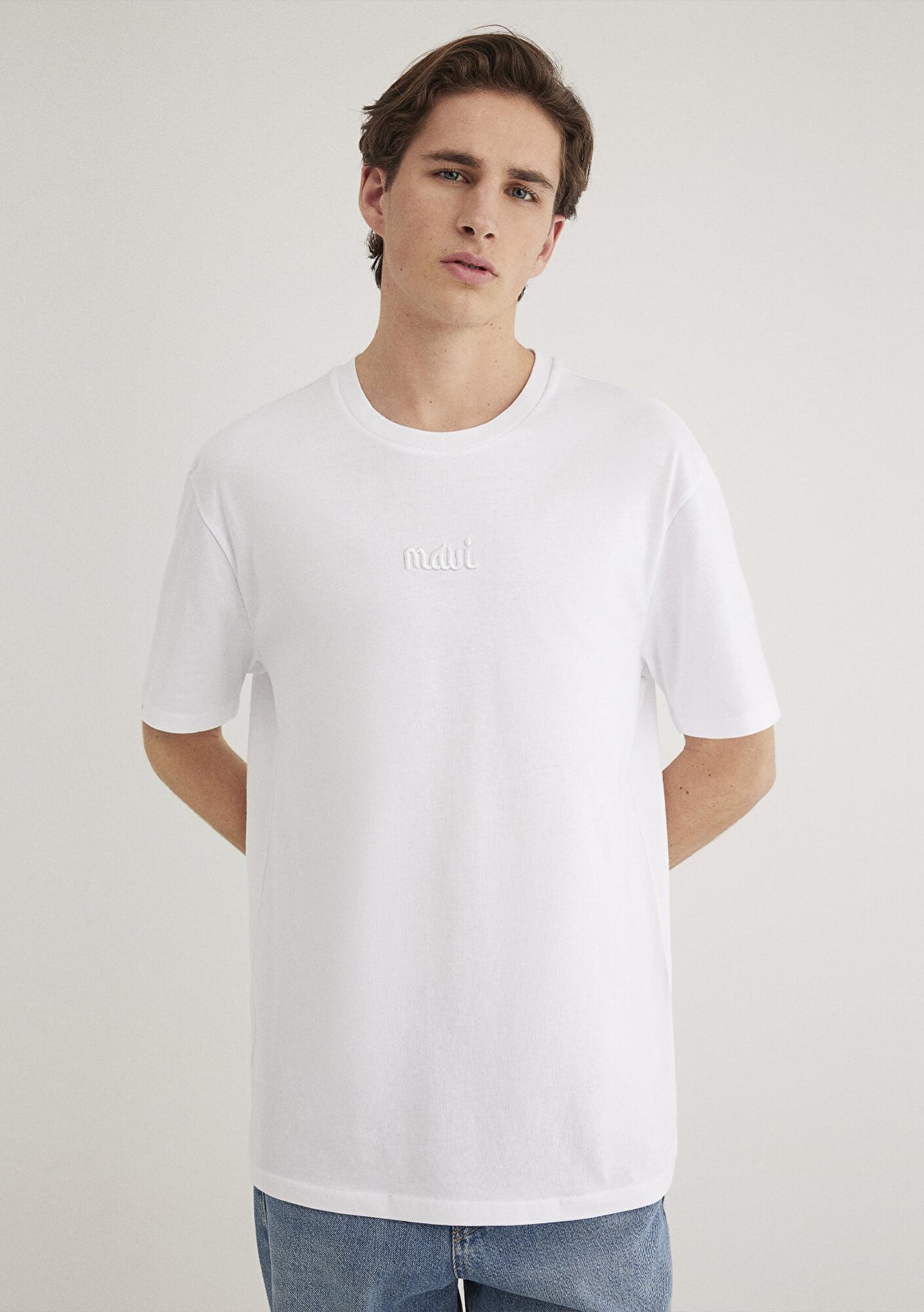 Mavi Mavi Nakışlı Beyaz Basic Tişört Loose Fit / Bol Rahat Kesim 0610100-620