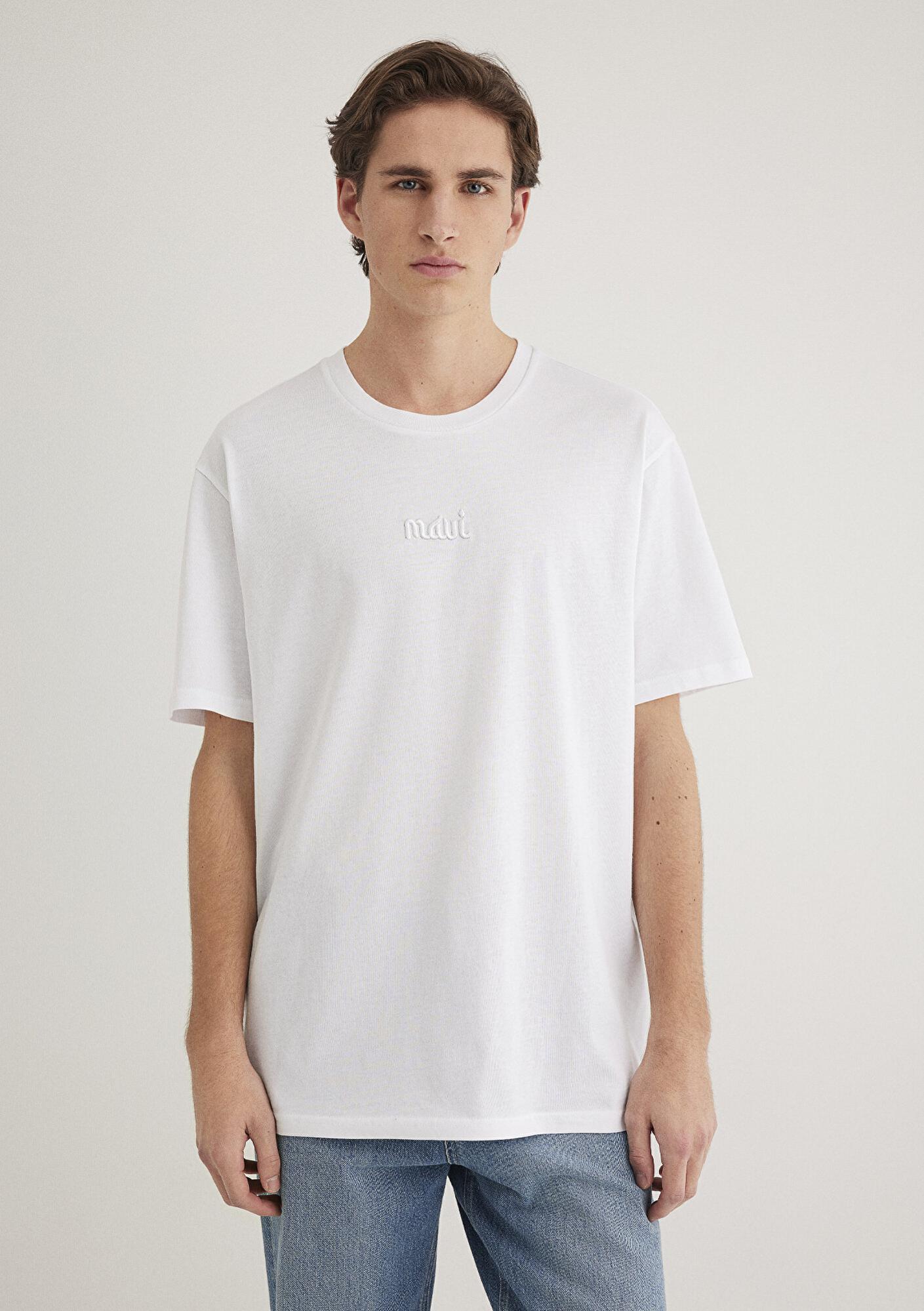 Mavi Mavi Nakışlı Beyaz Basic Tişört Loose Fit / Bol Rahat Kesim 0610100-620