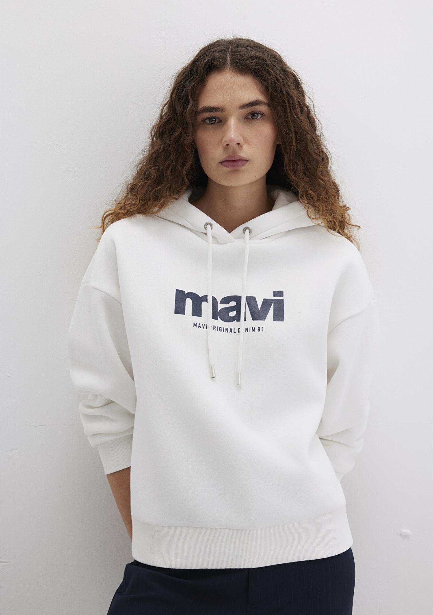Mavi Mavi Logo Baskılı Kapüşonlu Ekru Sweatshirt 168334-81964