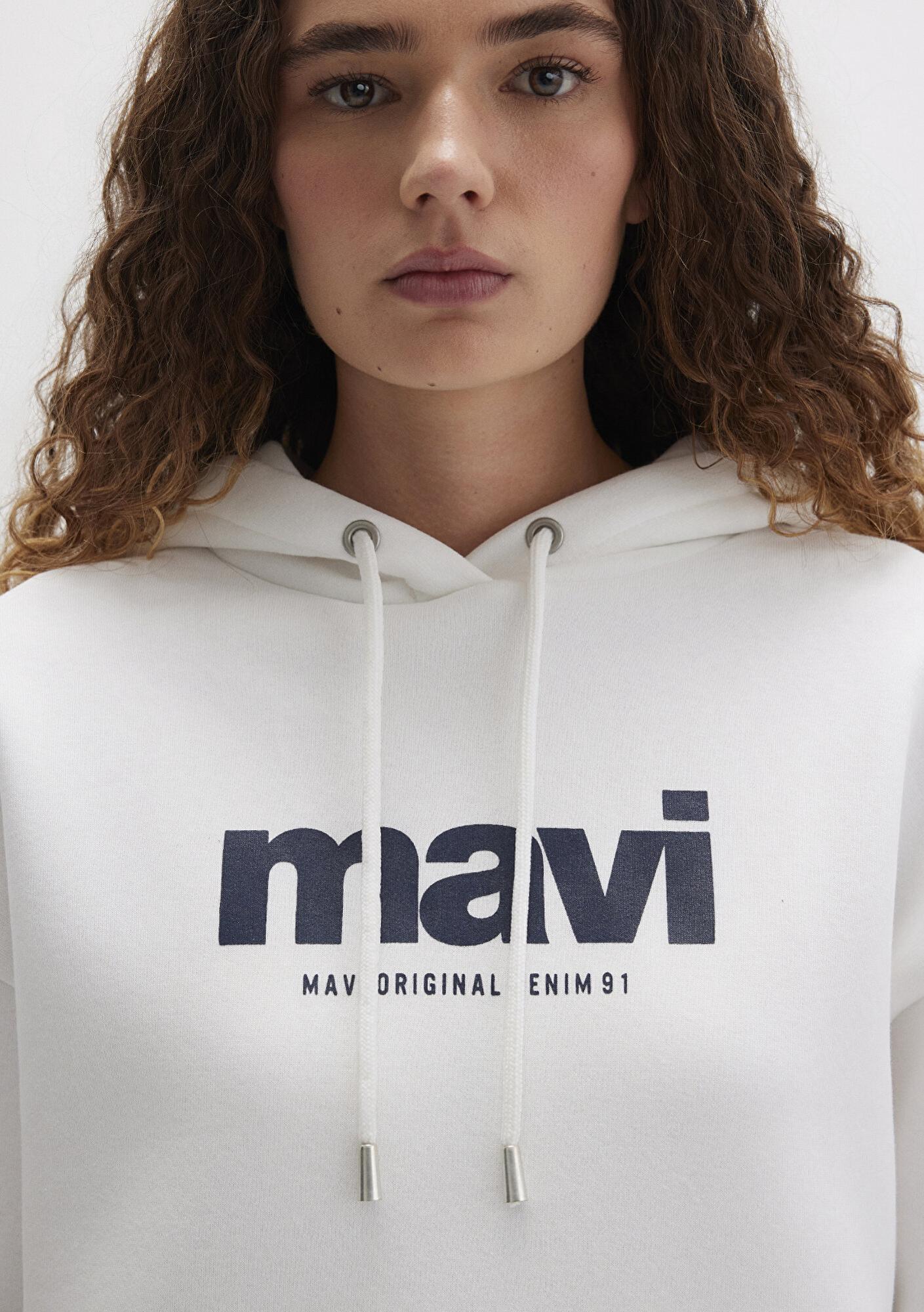 Mavi Mavi Logo Baskılı Kapüşonlu Ekru Sweatshirt 168334-81964