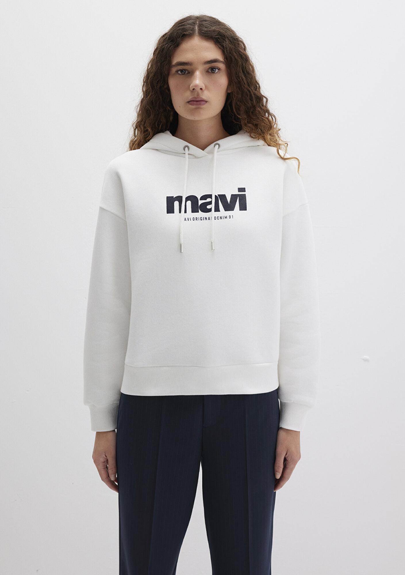 Mavi Mavi Logo Baskılı Kapüşonlu Ekru Sweatshirt 168334-81964