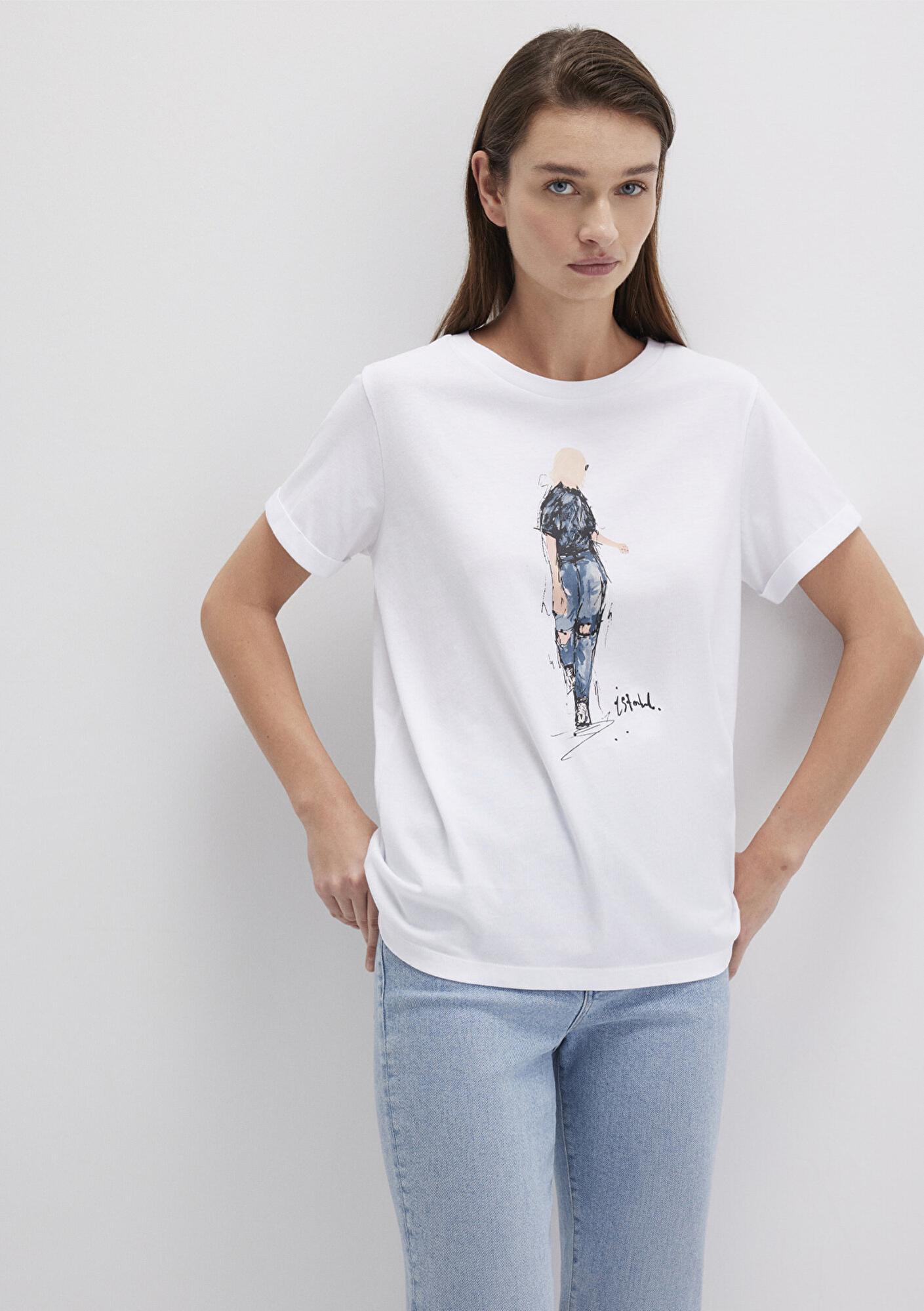 Mavi Denim Kız Baskılı Beyaz İstanbul Tişört Regular Fit / Normal Kesim 1610222-620