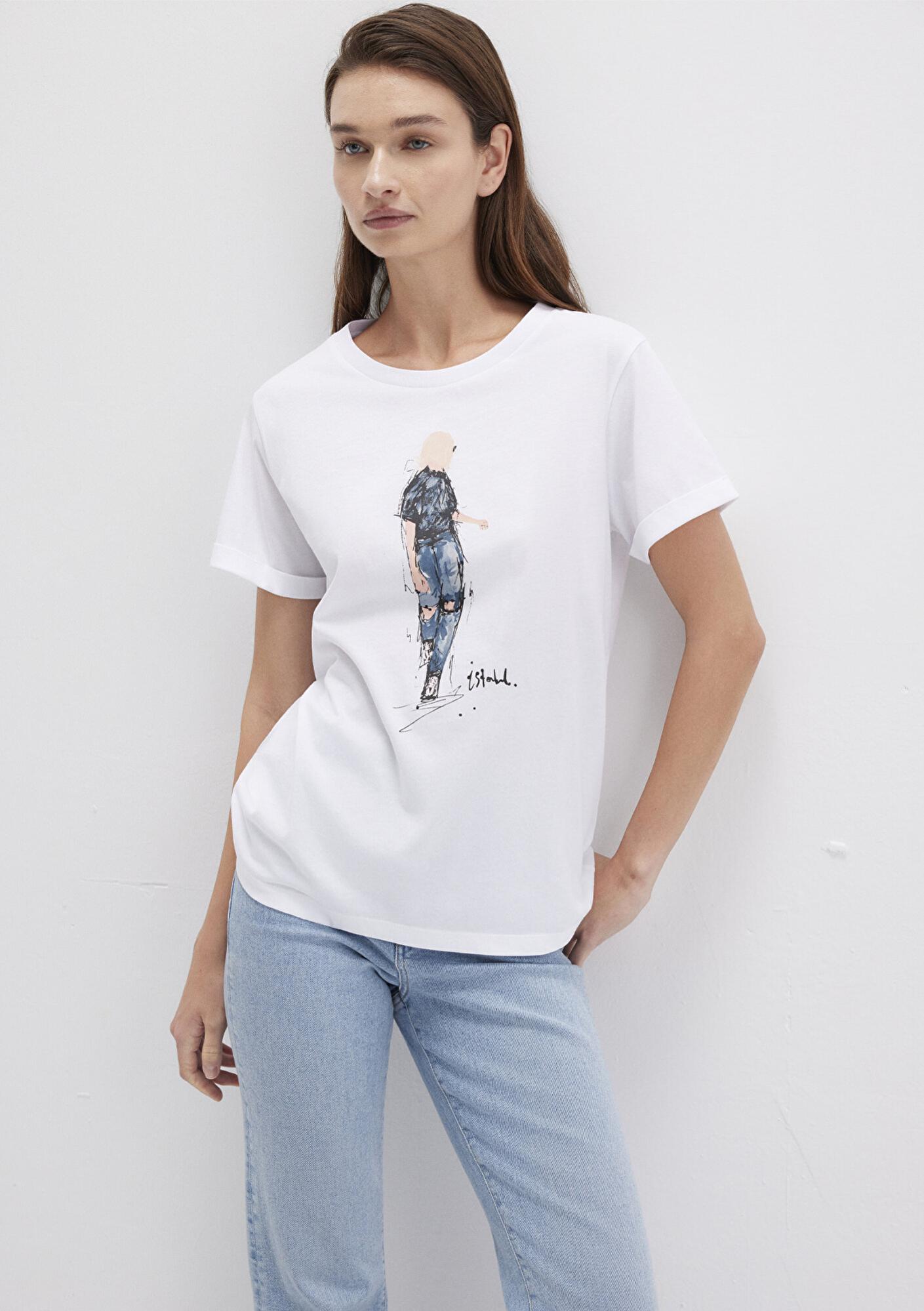 Mavi Denim Kız Baskılı Beyaz İstanbul Tişört Regular Fit / Normal Kesim 1610222-620