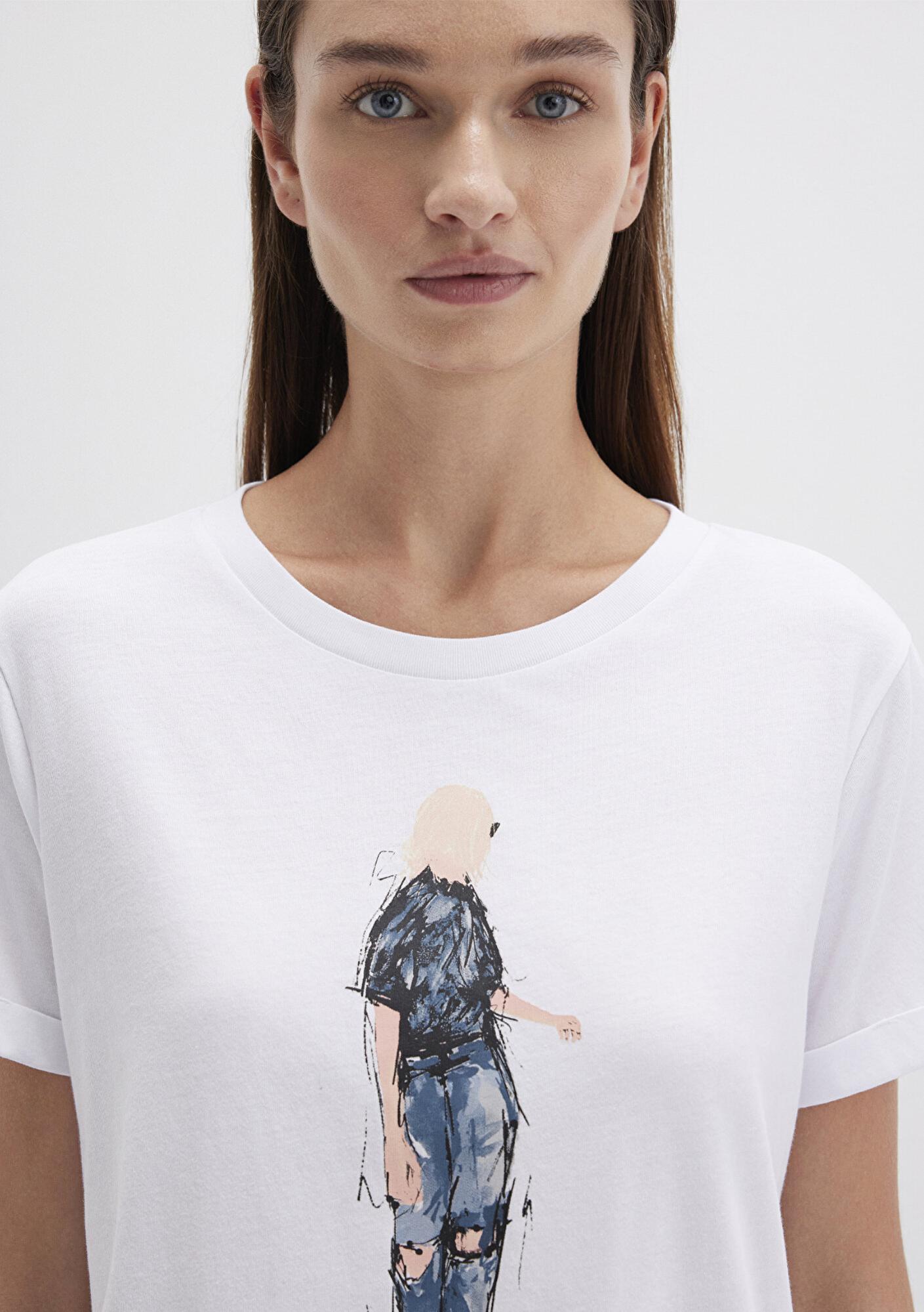 Mavi Denim Kız Baskılı Beyaz İstanbul Tişört Regular Fit / Normal Kesim 1610222-620