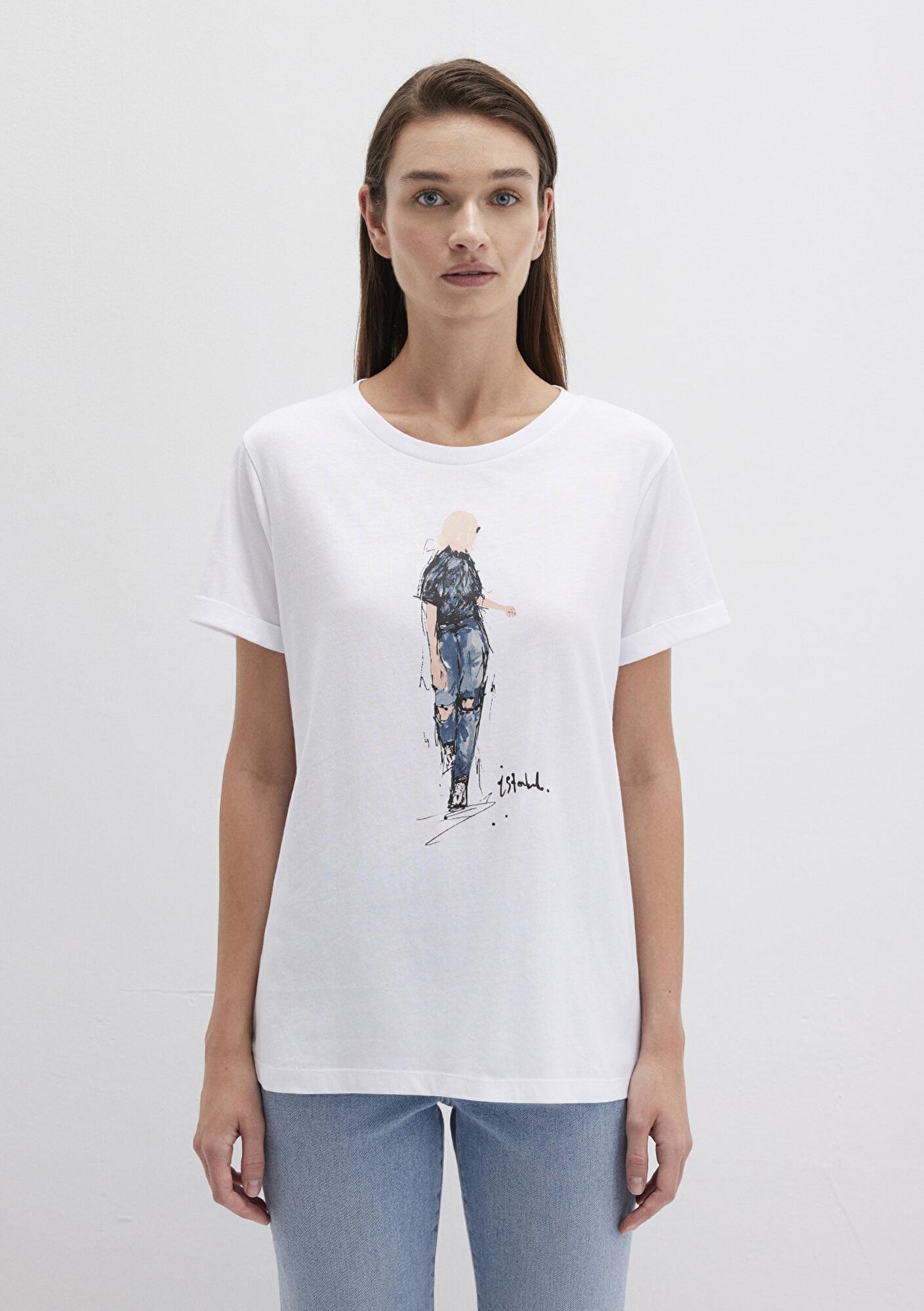 Mavi Denim Kız Baskılı Beyaz İstanbul Tişört Regular Fit / Normal Kesim 1610222-620