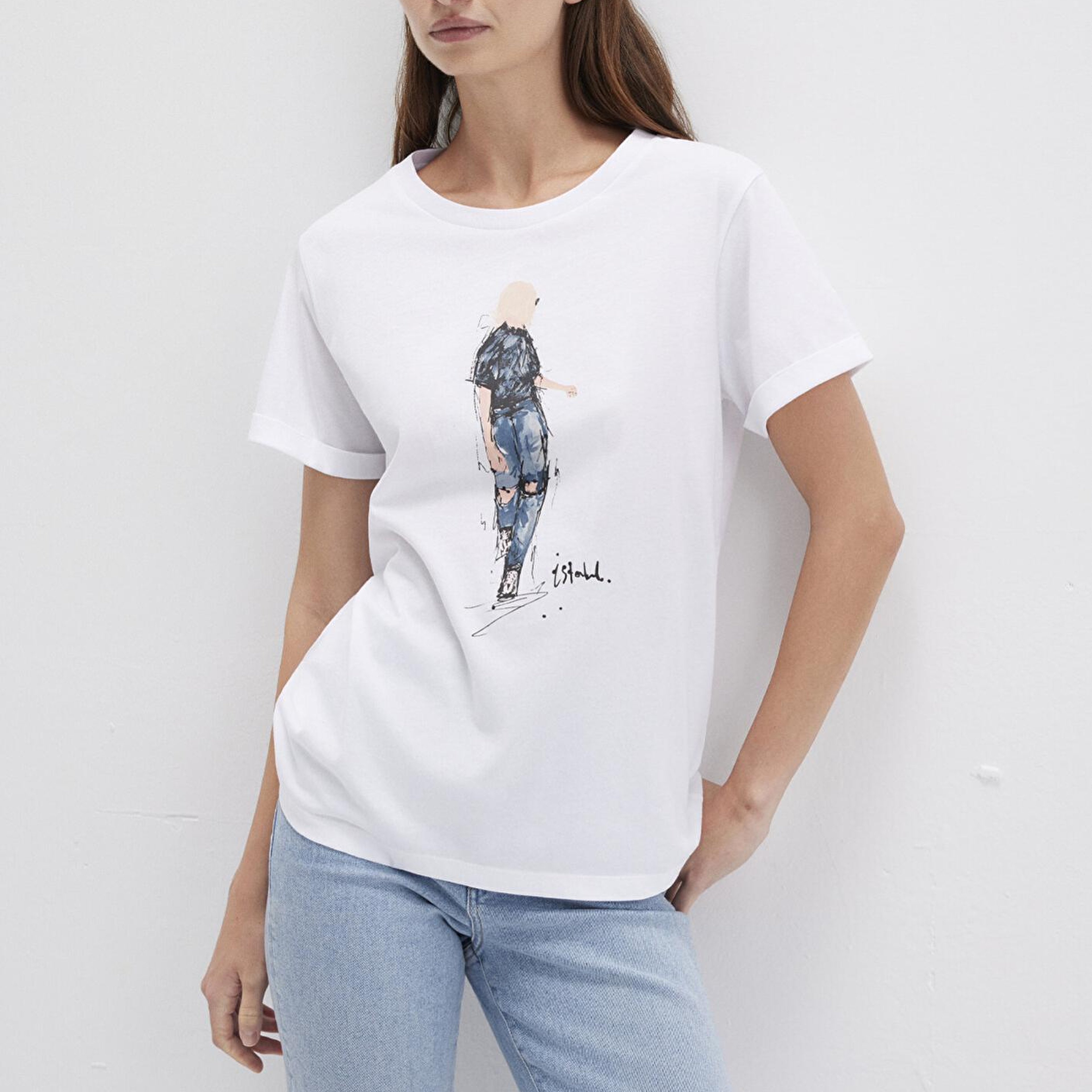 Mavi Denim Kız Baskılı Beyaz İstanbul Tişört Regular Fit / Normal Kesim 1610222-620