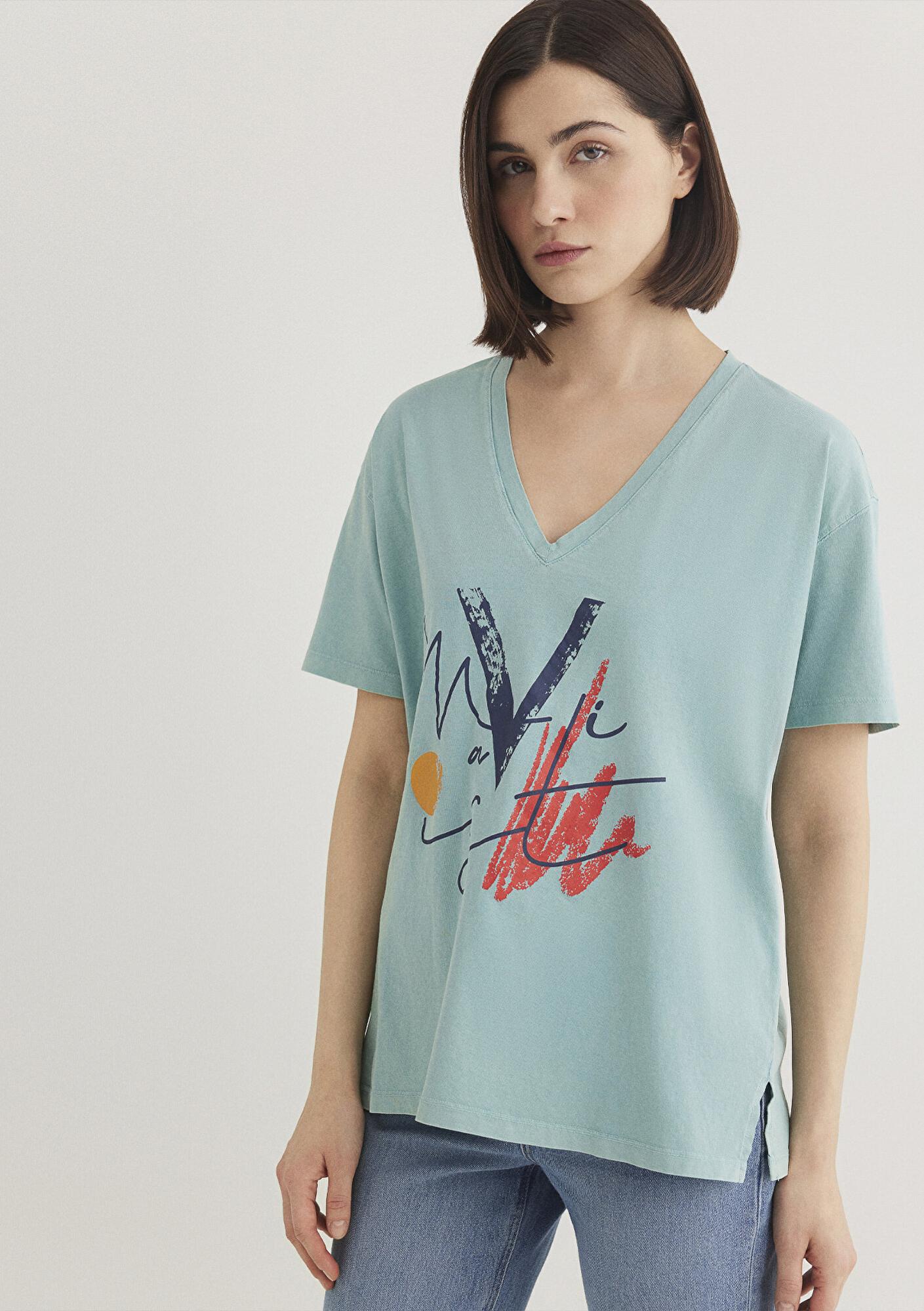 Mavi Mavi Baskılı Yeşil İstanbul Tişört Loose Fit / Bol Rahat Kesim 1601176-34078