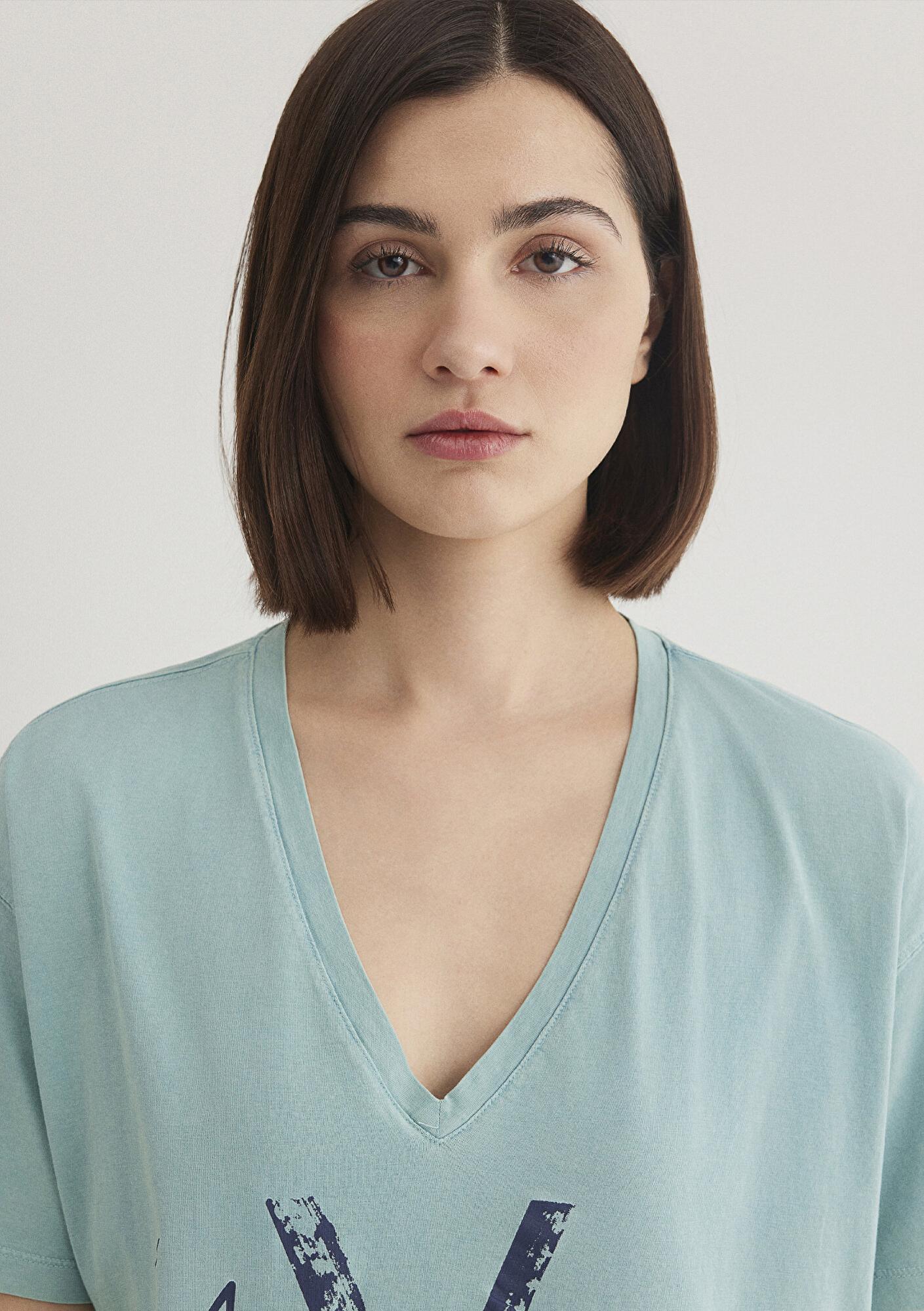 Mavi Mavi Baskılı Yeşil İstanbul Tişört Loose Fit / Bol Rahat Kesim 1601176-34078