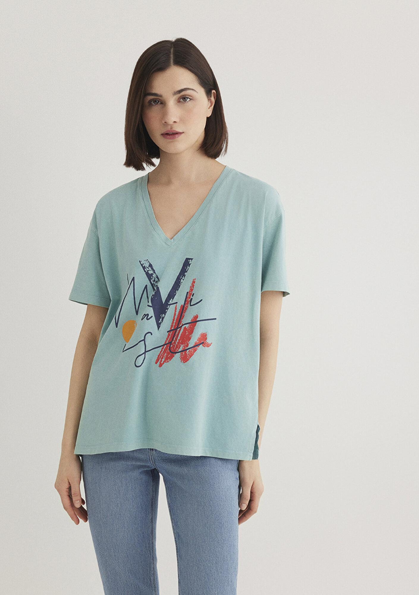 Mavi Mavi Baskılı Yeşil İstanbul Tişört Loose Fit / Bol Rahat Kesim 1601176-34078