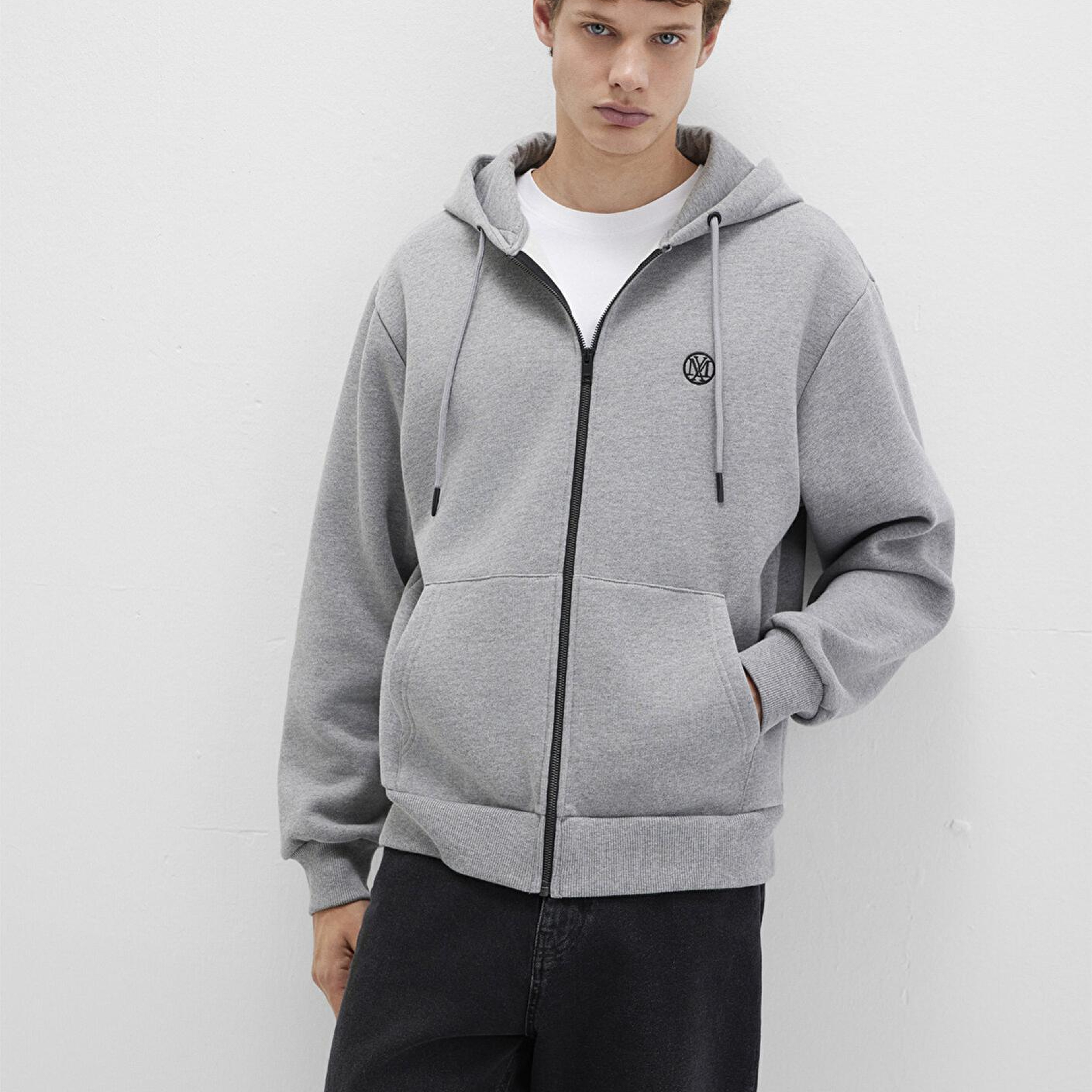 Mavi Mühür Logo Nakışlı Kapüşonlu Fermuarlı Gri Sweatshirt 066979-34686