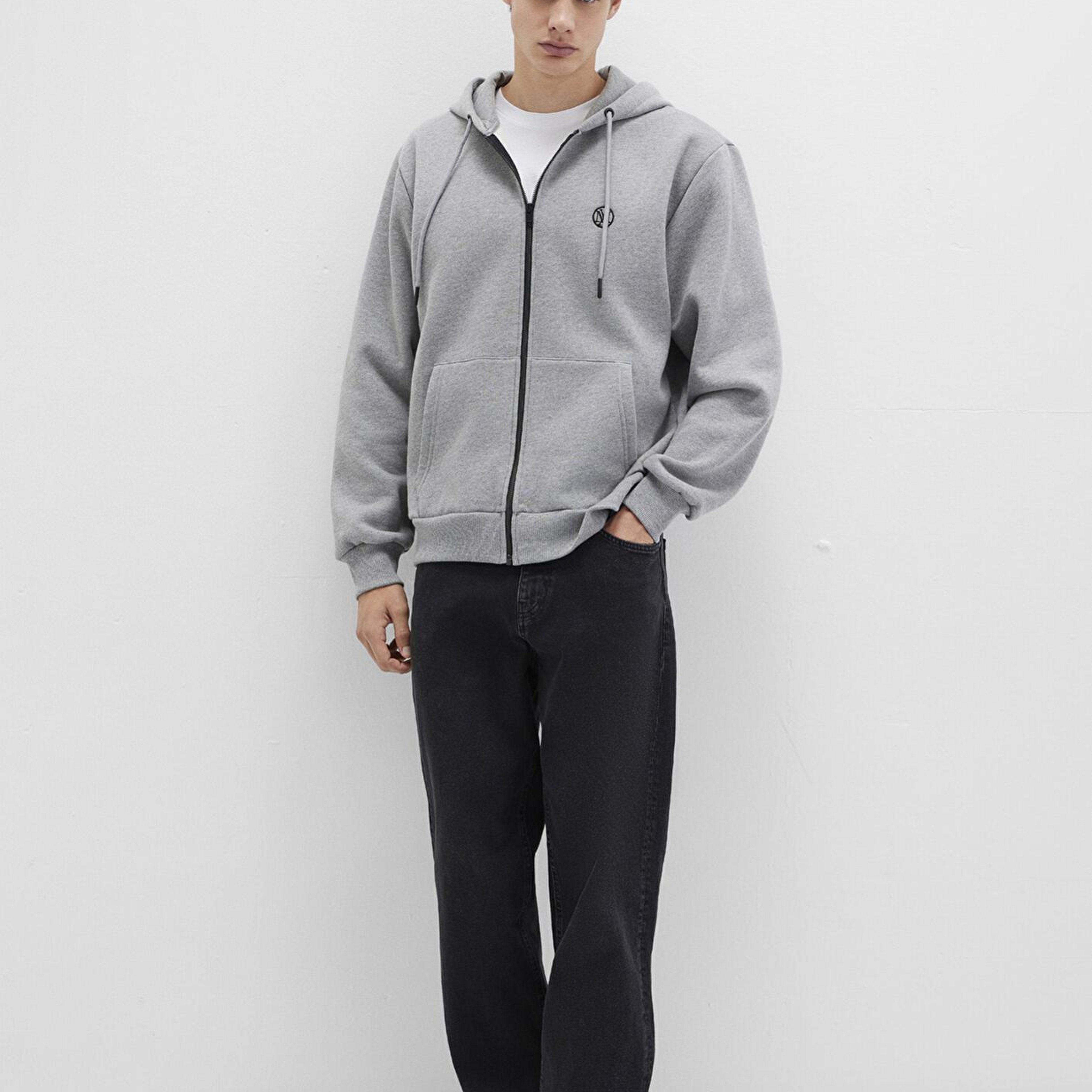 Mavi Mühür Logo Nakışlı Kapüşonlu Fermuarlı Gri Sweatshirt 066979-34686