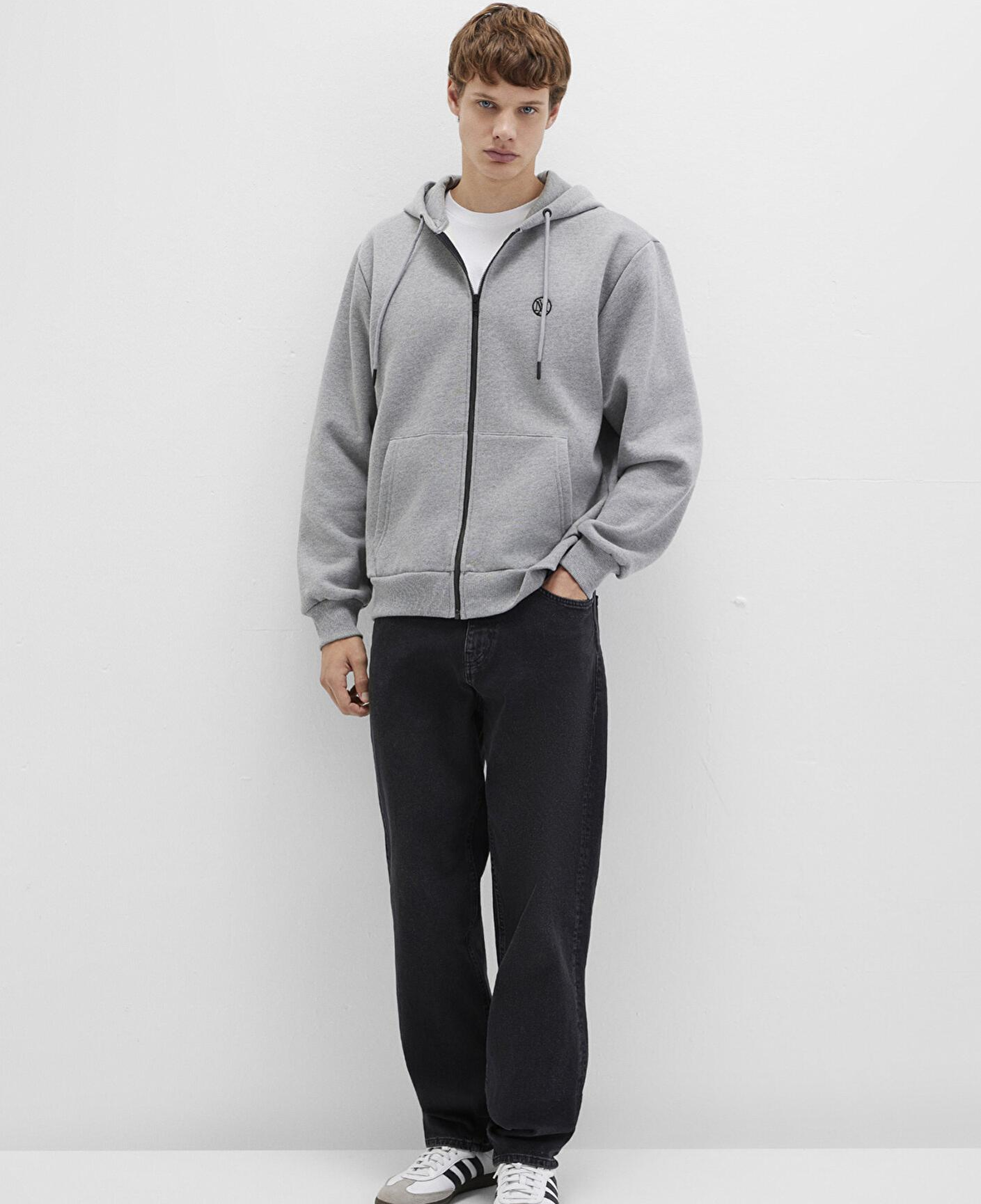 Mavi Mühür Logo Nakışlı Kapüşonlu Fermuarlı Gri Sweatshirt 066979-34686