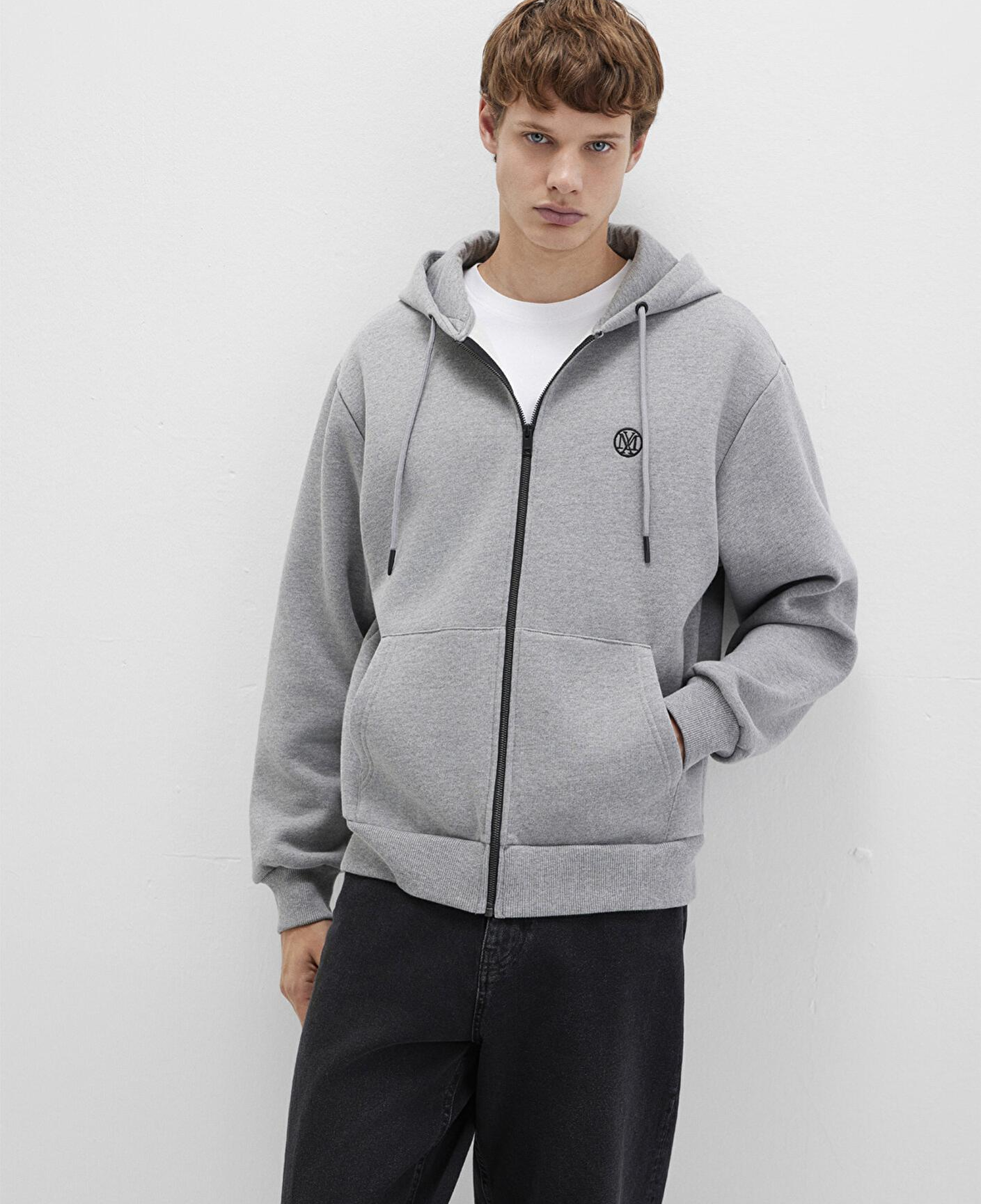 Mavi Mühür Logo Nakışlı Kapüşonlu Fermuarlı Gri Sweatshirt 066979-34686