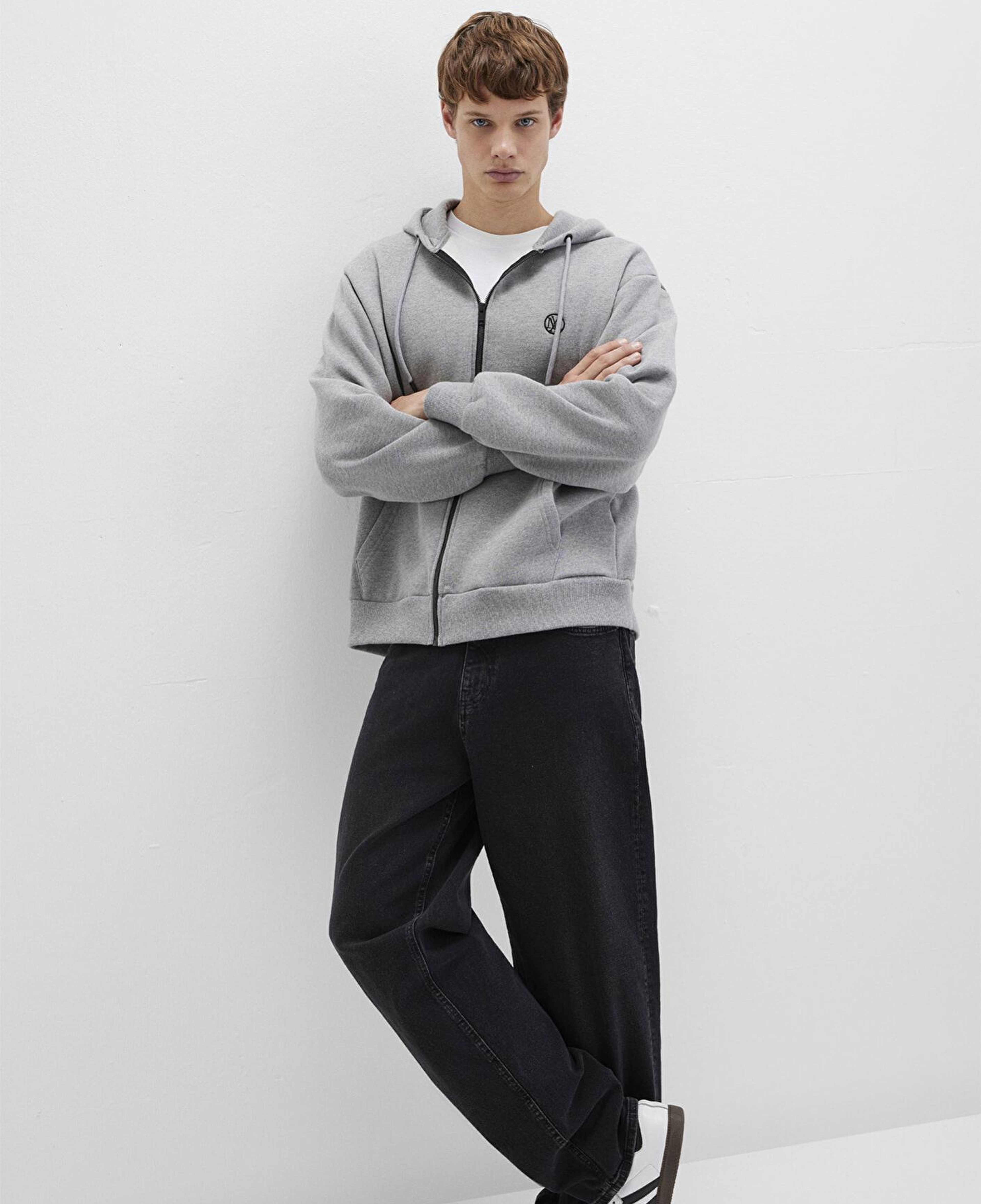 Mavi Mühür Logo Nakışlı Kapüşonlu Fermuarlı Gri Sweatshirt 066979-34686