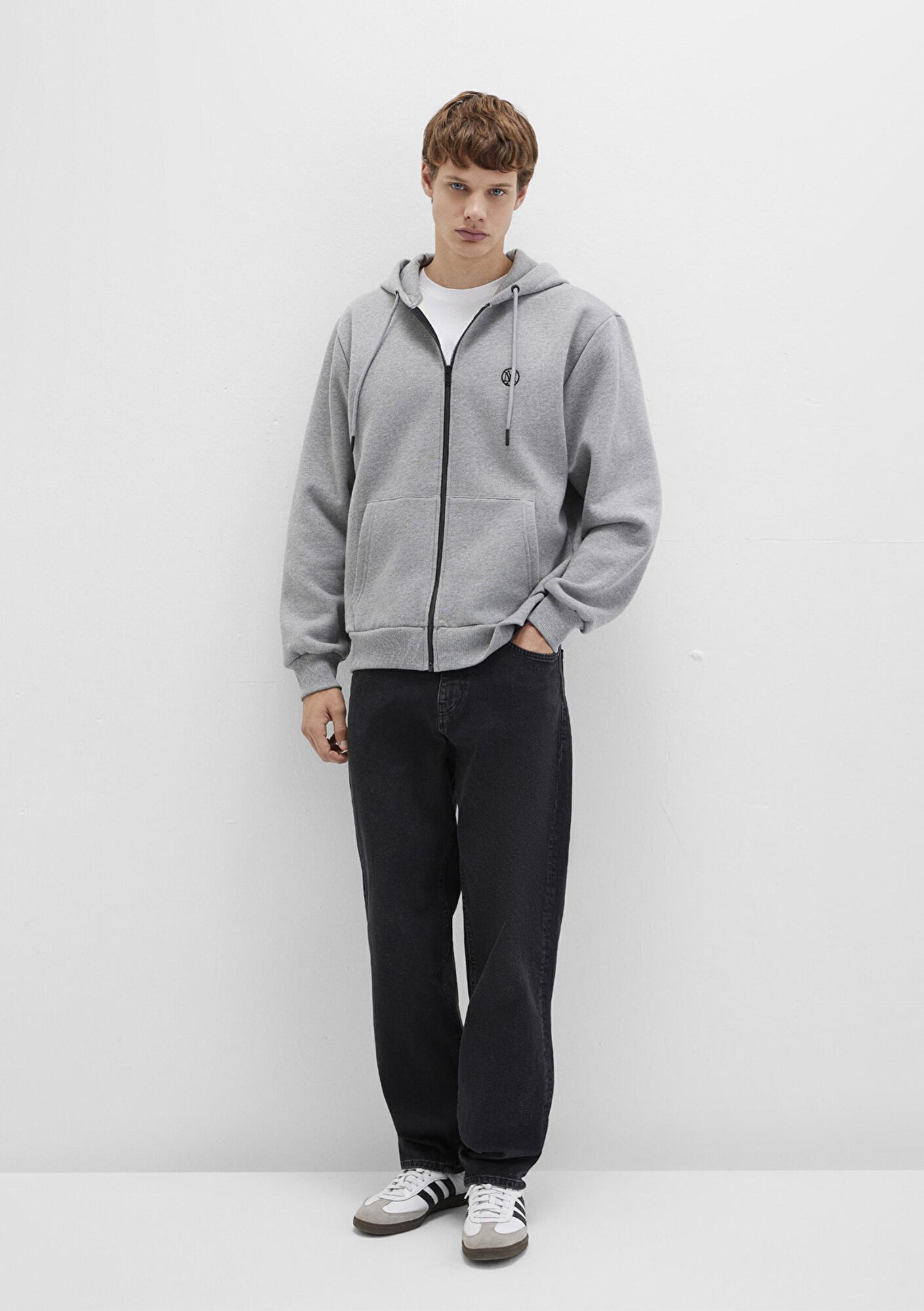 Mavi Mühür Logo Nakışlı Kapüşonlu Fermuarlı Gri Sweatshirt 066979-34686