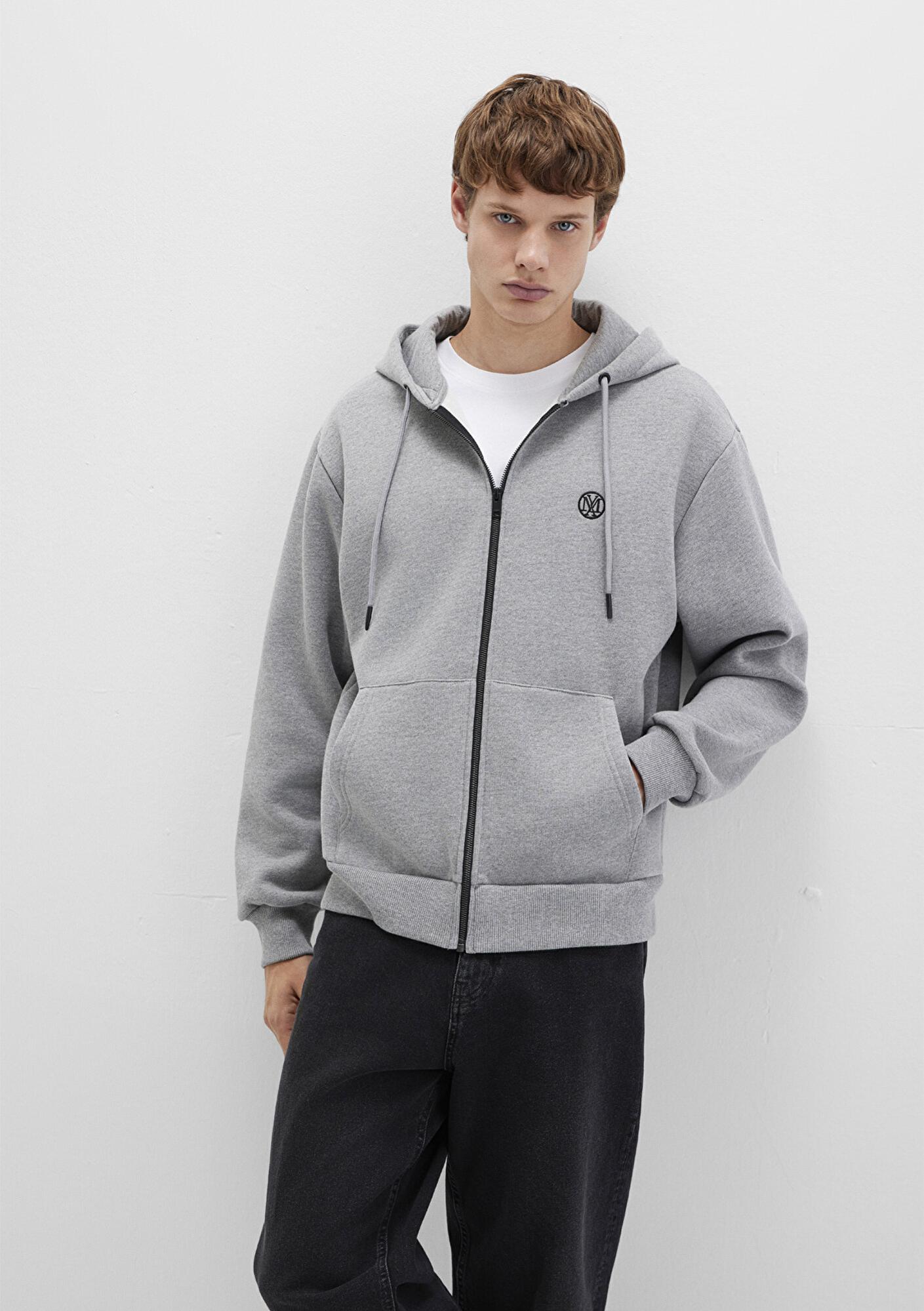 Mavi Mühür Logo Nakışlı Kapüşonlu Fermuarlı Gri Sweatshirt 066979-34686