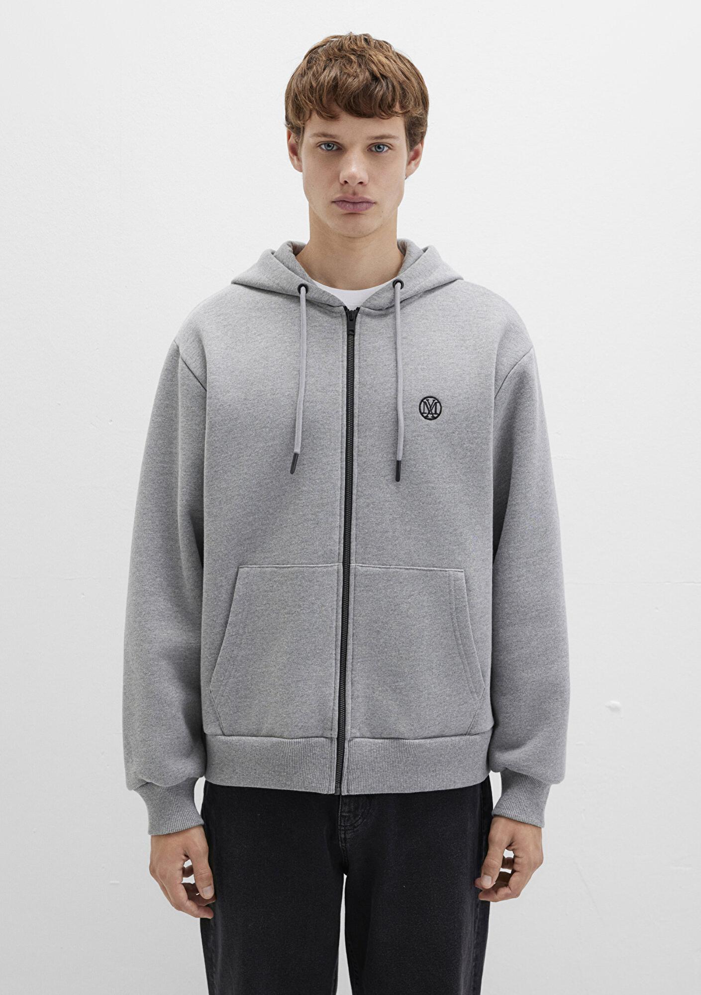 Mavi Mühür Logo Nakışlı Kapüşonlu Fermuarlı Gri Sweatshirt 066979-34686