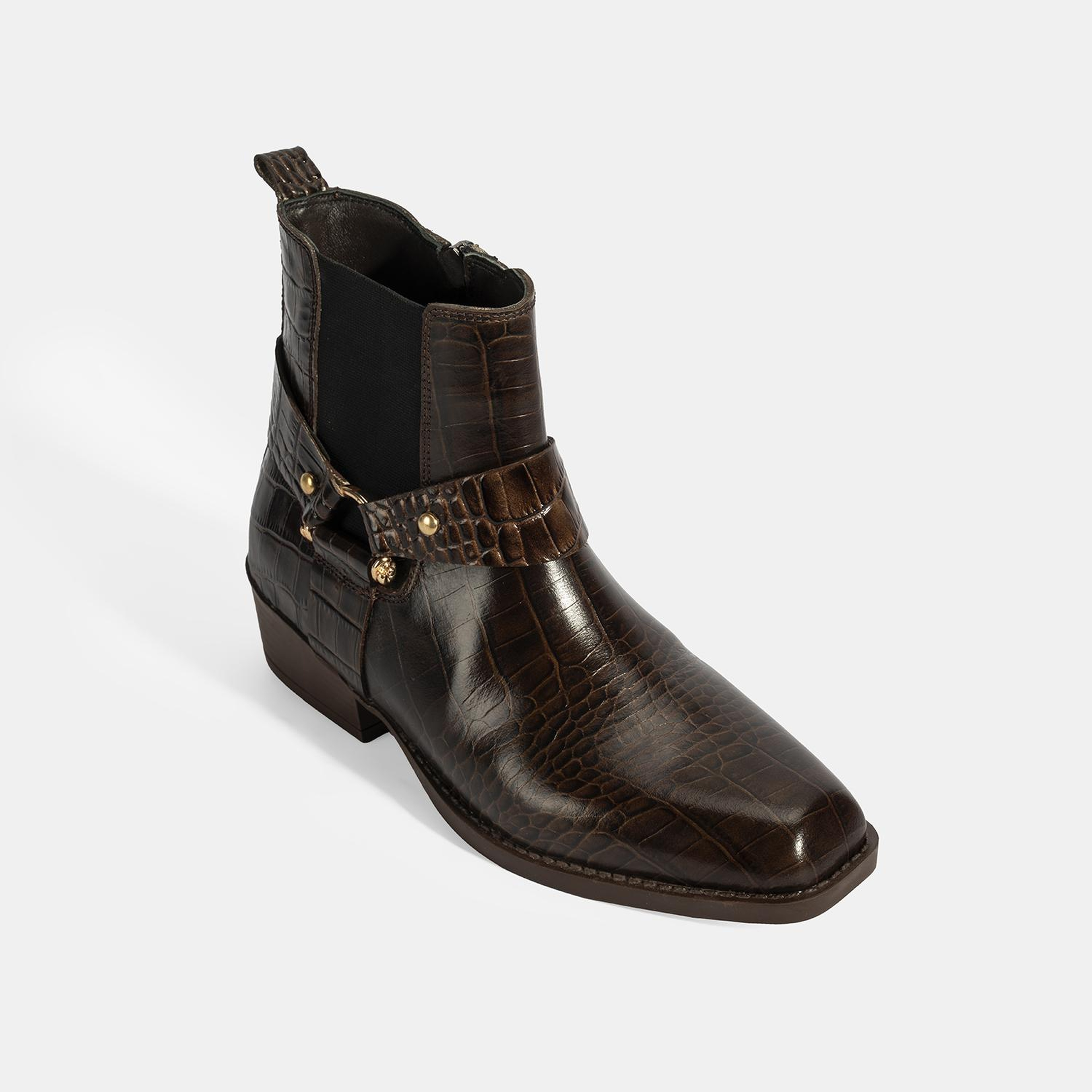 Kadın Kahve Kroko Baskılı Lastik Detaylı Deri Bot
