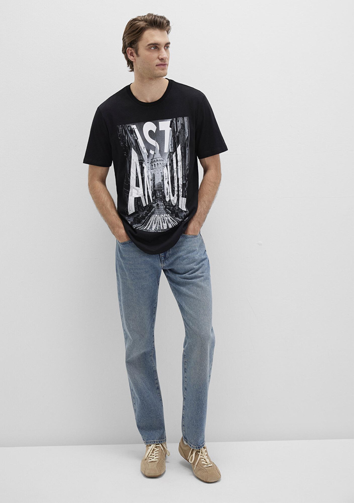 Mavi İstanbul Galata Baskılı Siyah Tişört Slim Fit / Dar Kesim 067053-900