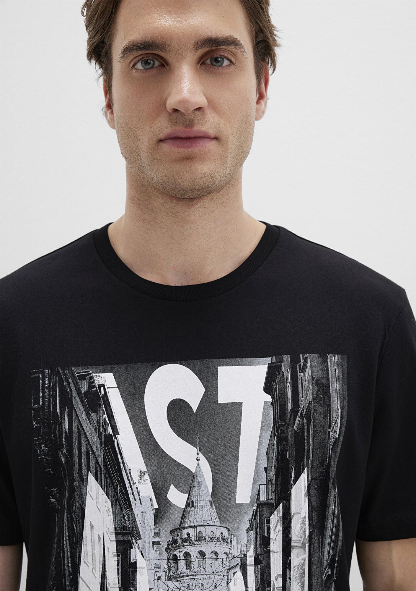 Mavi İstanbul Galata Baskılı Siyah Tişört Slim Fit / Dar Kesim 067053-900