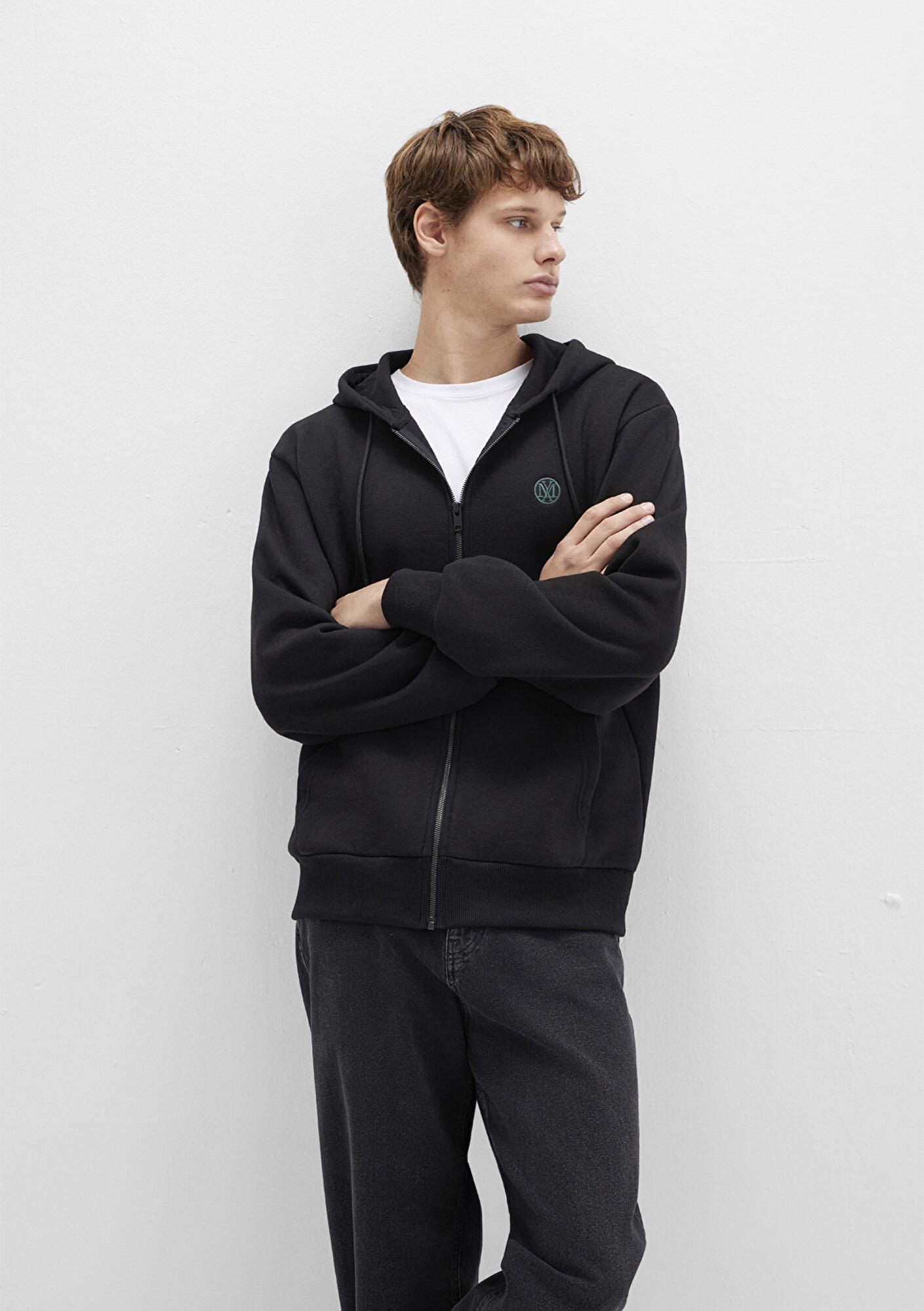 Mavi Mühür Logo Nakışlı Kapüşonlu Fermuarlı Siyah Sweatshirt 066979-900