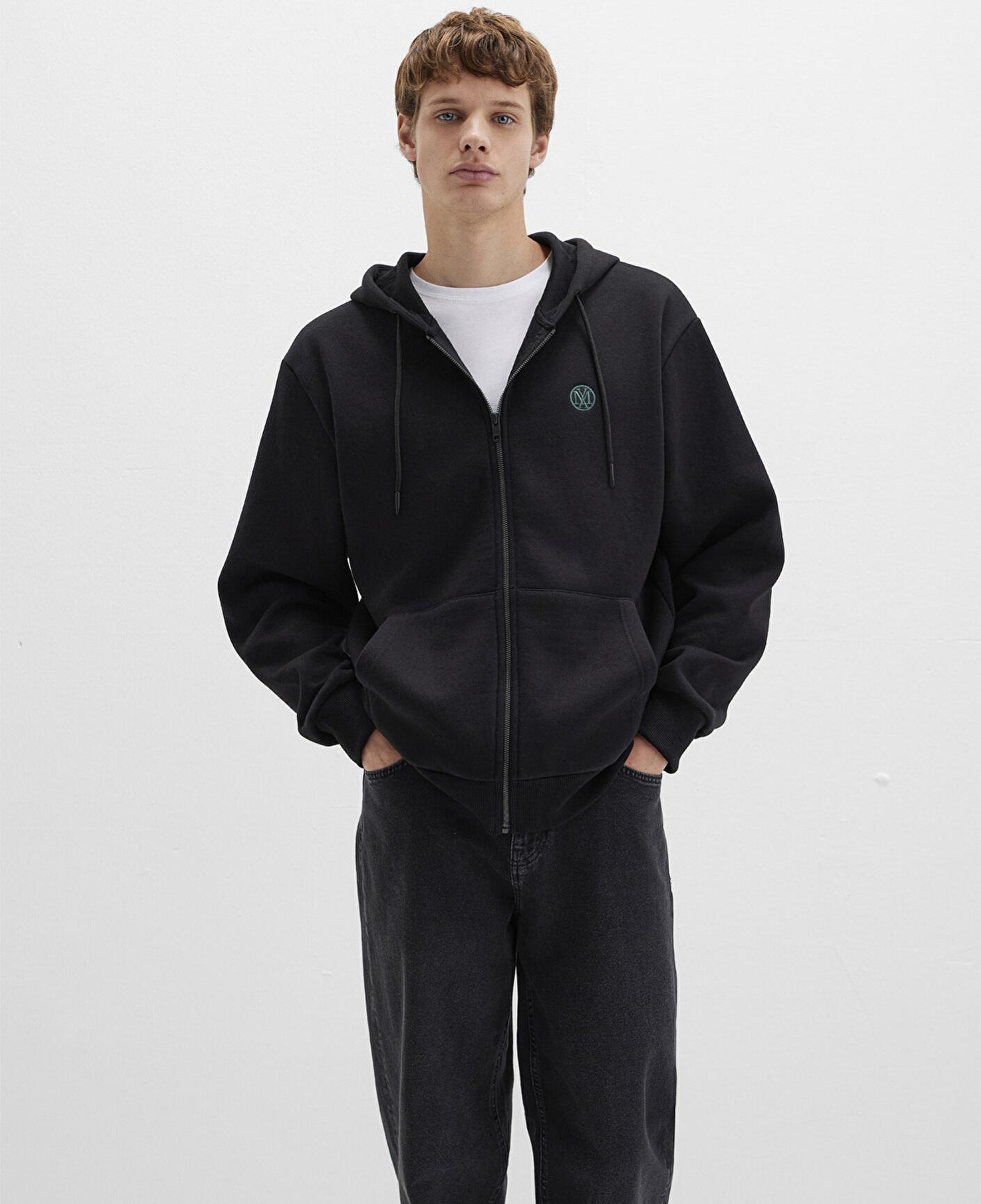 Mavi Mühür Logo Nakışlı Kapüşonlu Fermuarlı Siyah Sweatshirt 066979-900