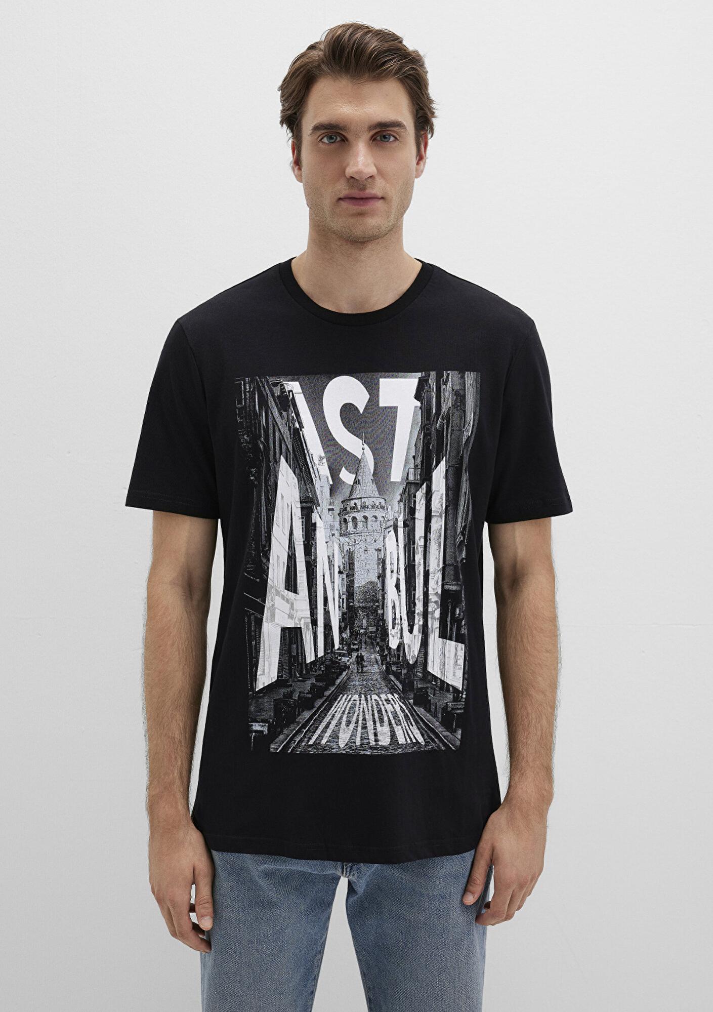 Mavi İstanbul Galata Baskılı Siyah Tişört Slim Fit / Dar Kesim 067053-900