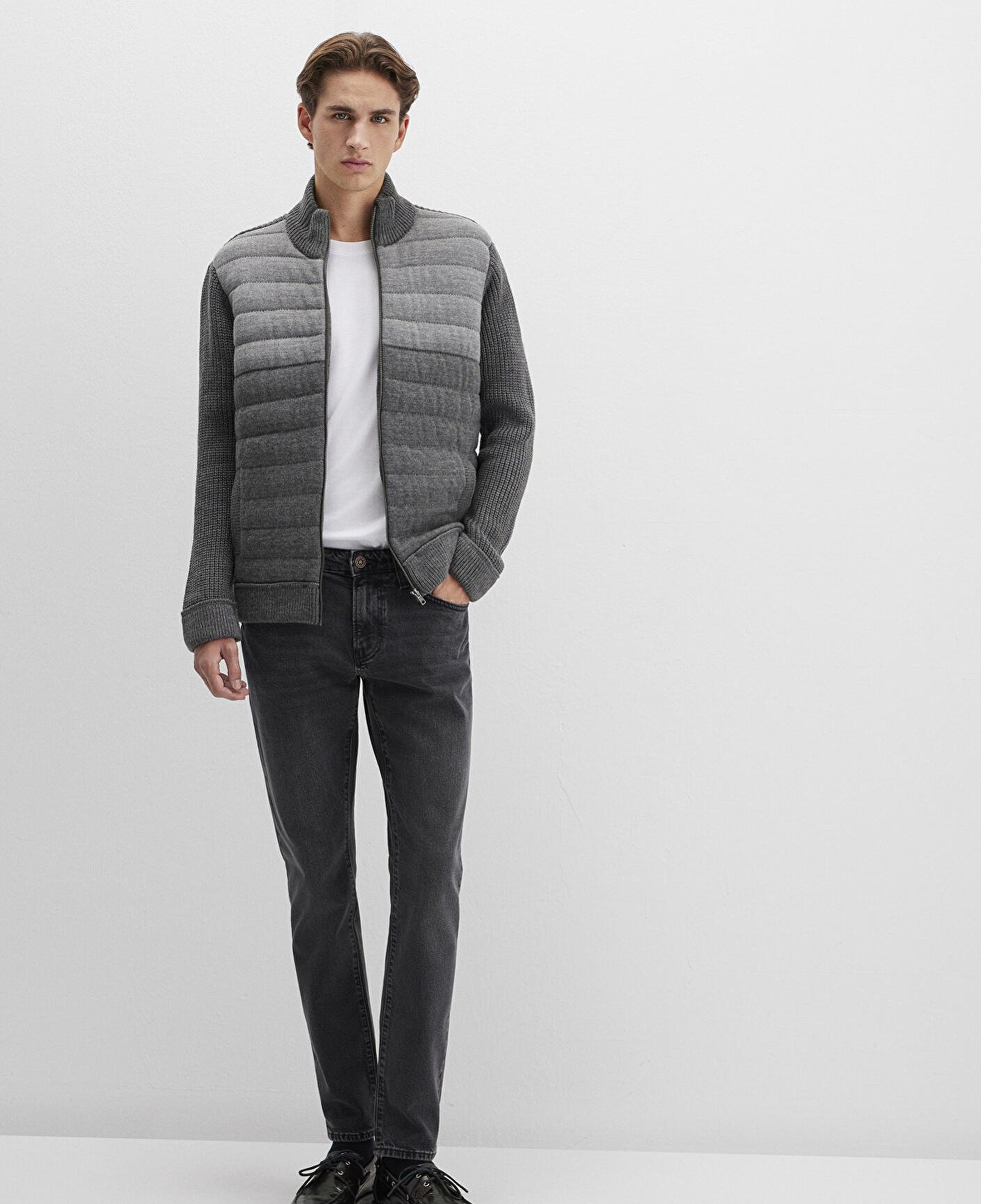 Mavi Fermuarlı Gri Triko Hırka Slim Fit / Dar Kesim 070804-34686