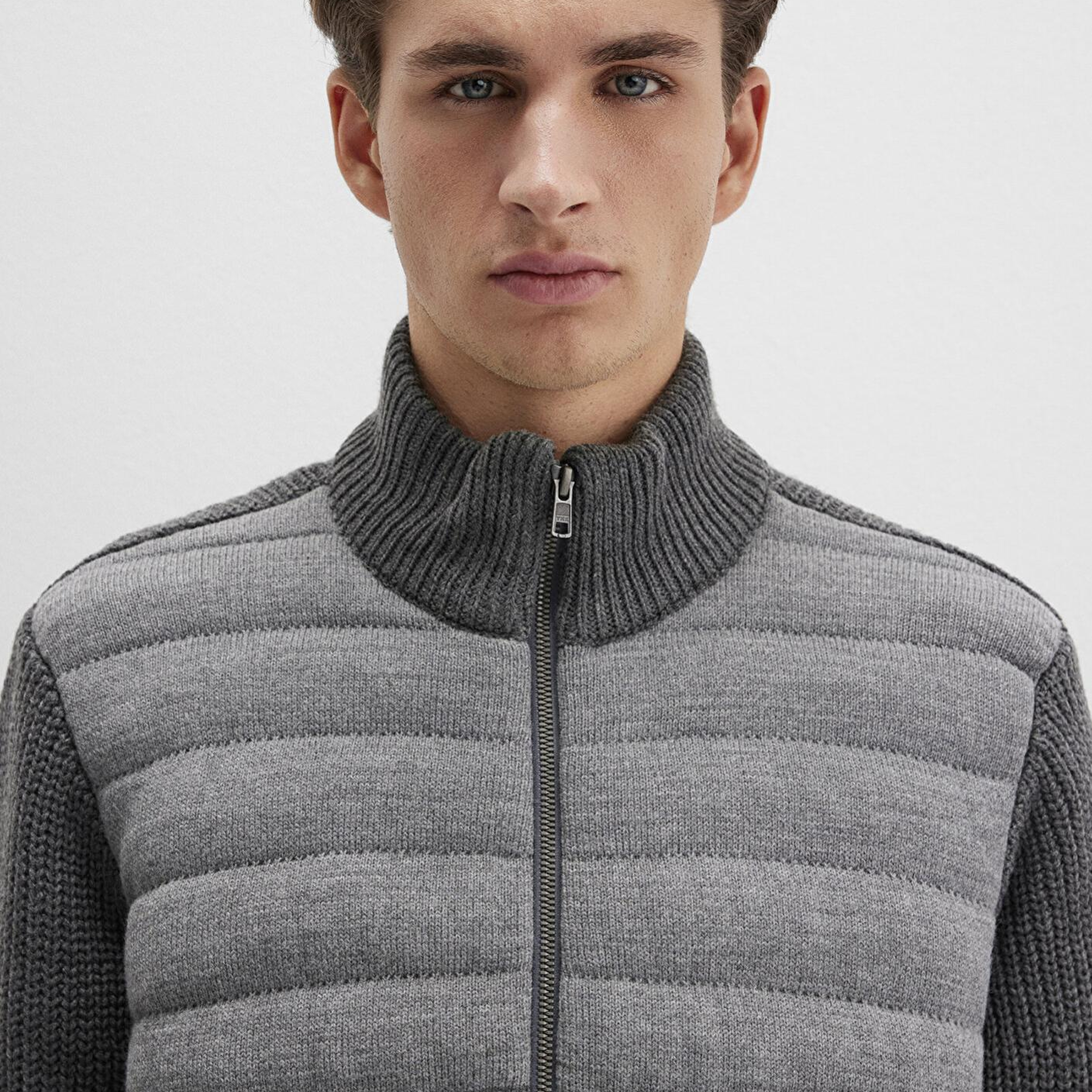 Mavi Fermuarlı Gri Triko Hırka Slim Fit / Dar Kesim 070804-34686