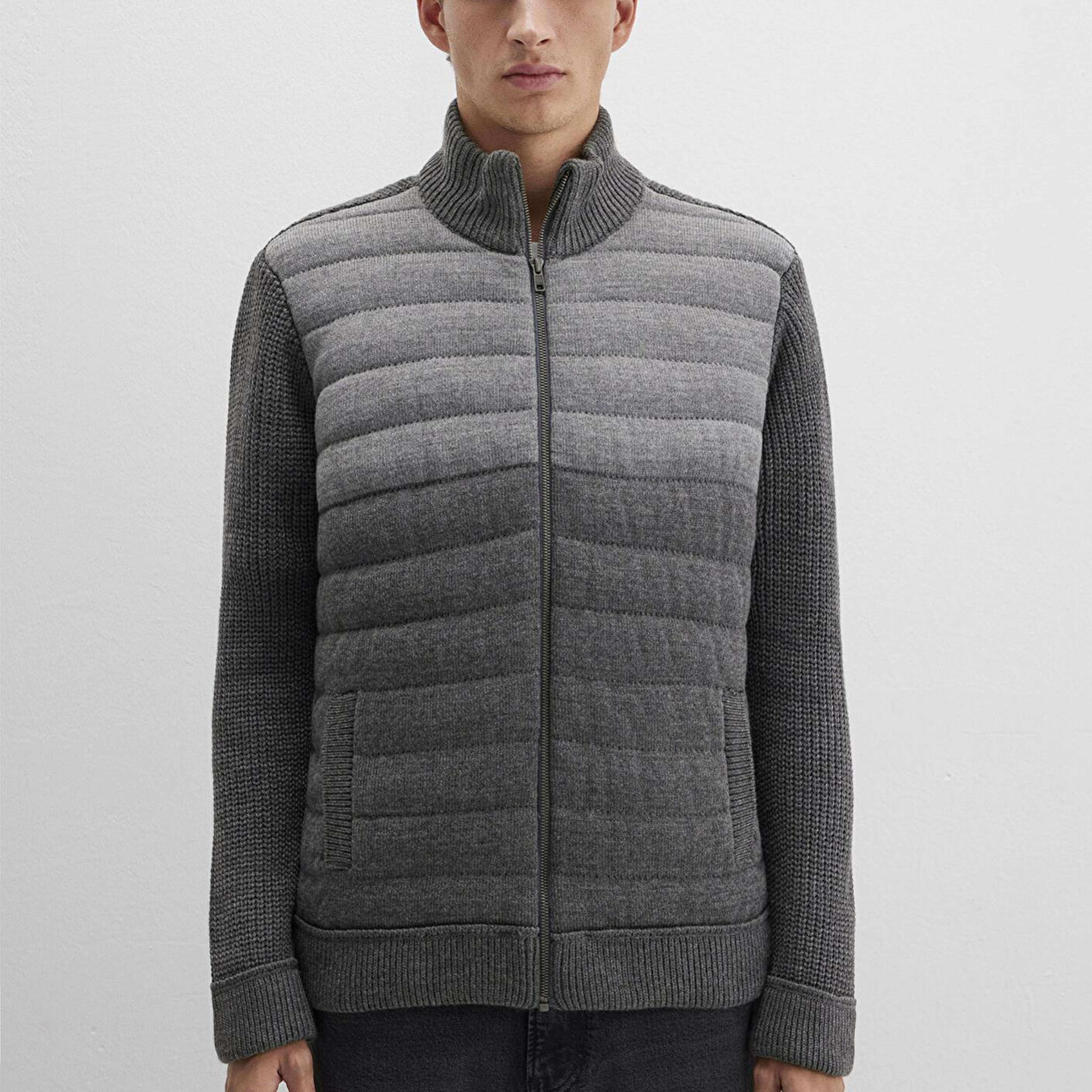 Mavi Fermuarlı Gri Triko Hırka Slim Fit / Dar Kesim 070804-34686