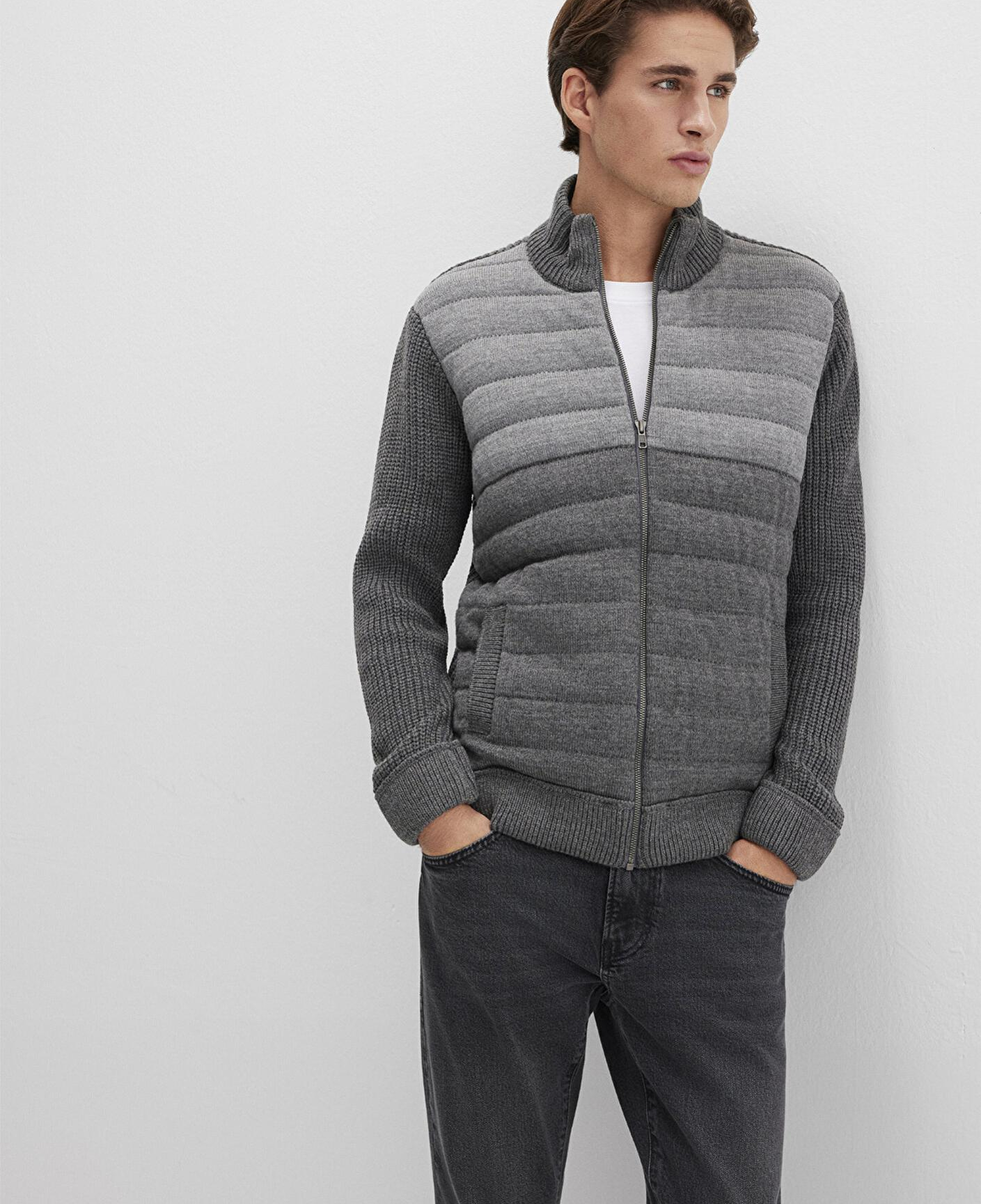 Mavi Fermuarlı Gri Triko Hırka Slim Fit / Dar Kesim 070804-34686