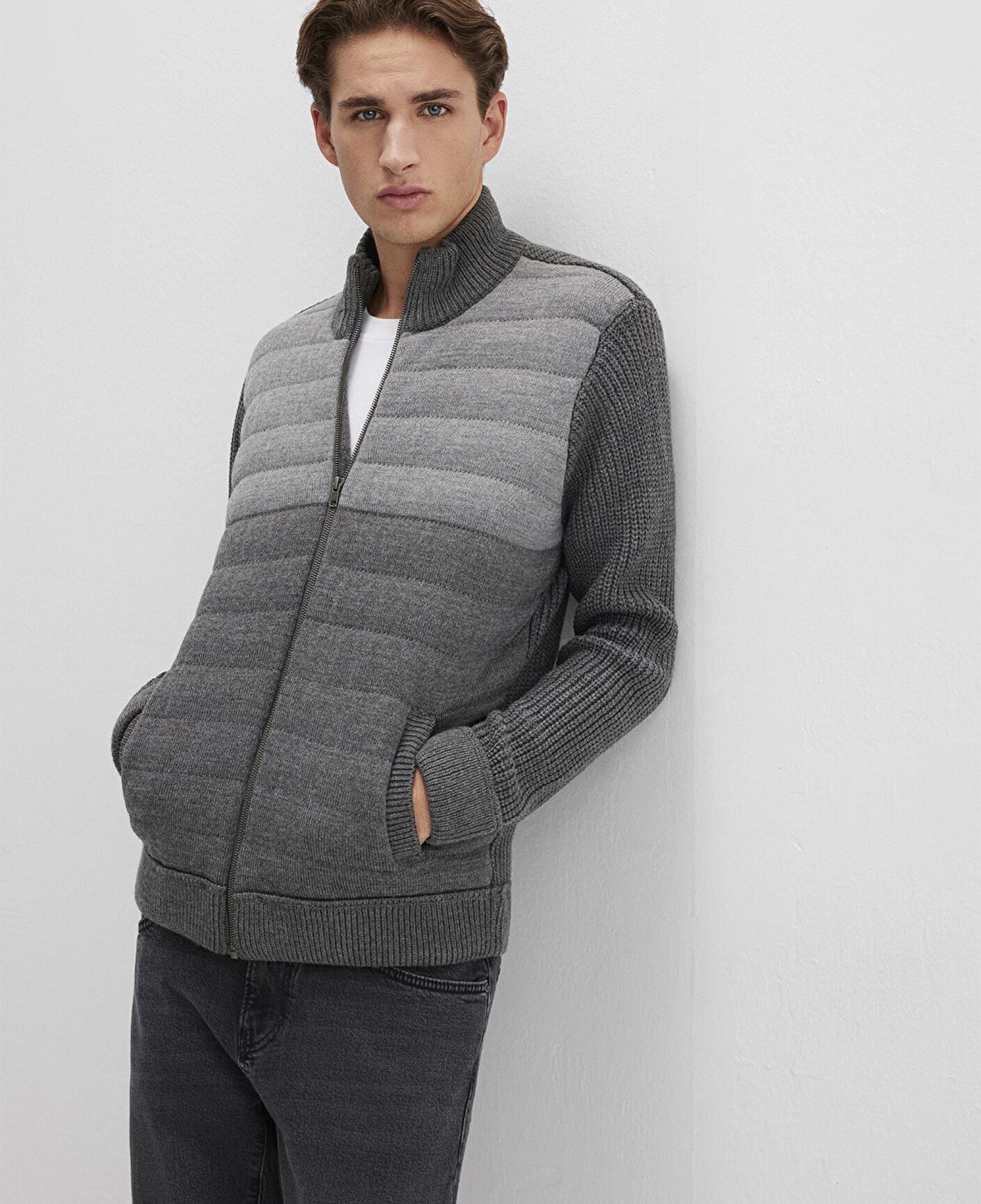 Mavi Fermuarlı Gri Triko Hırka Slim Fit / Dar Kesim 070804-34686