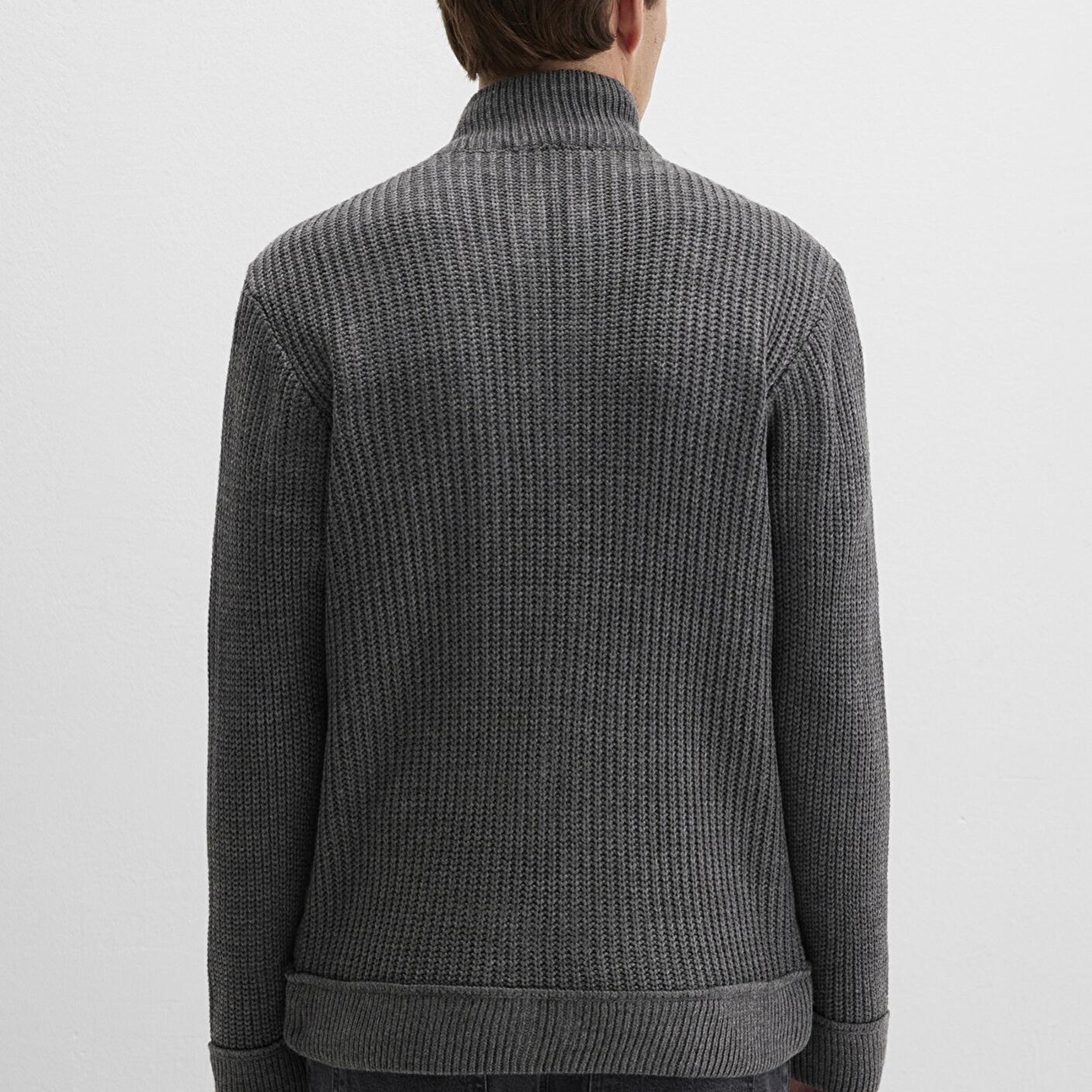 Mavi Fermuarlı Gri Triko Hırka Slim Fit / Dar Kesim 070804-34686