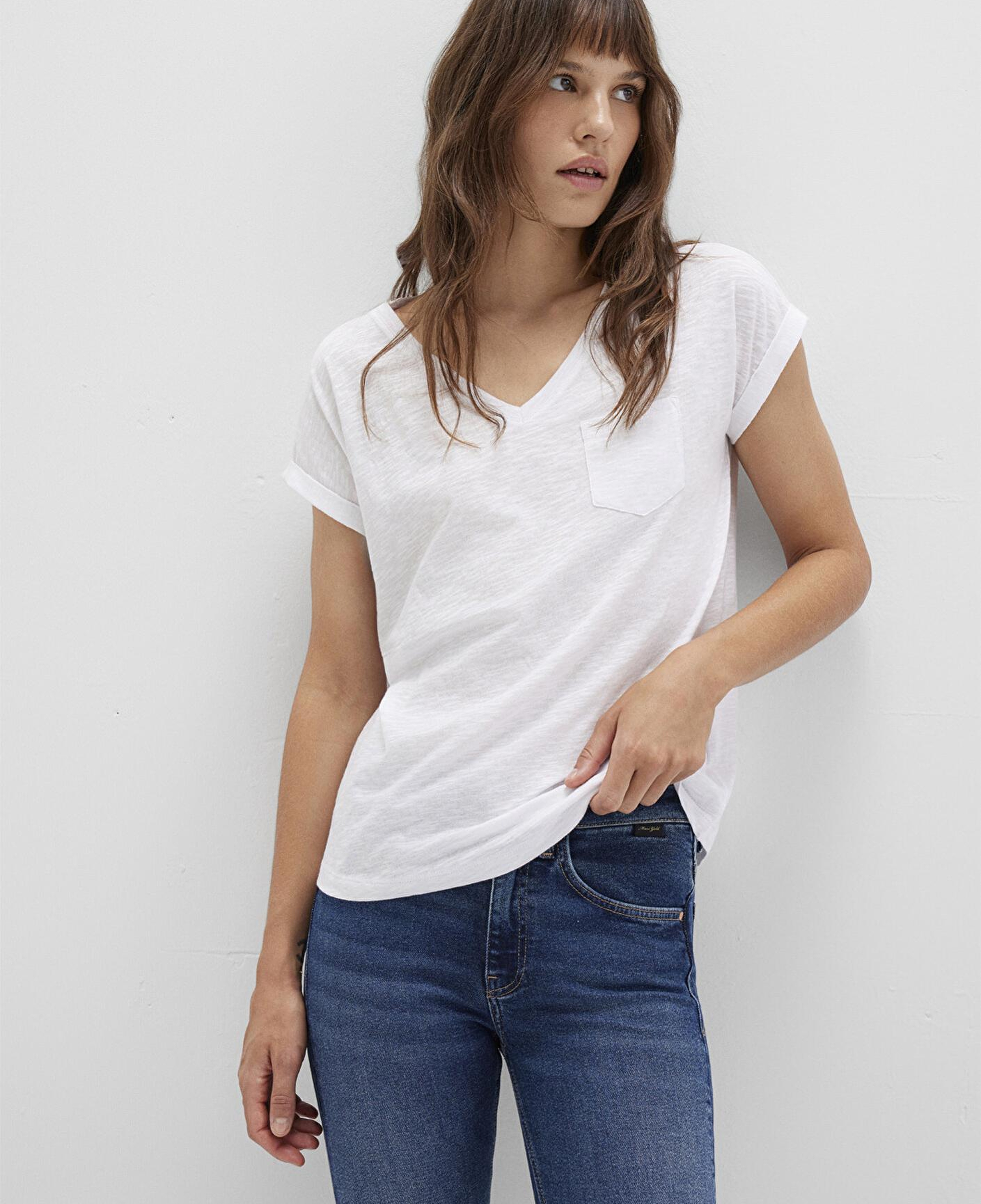 Mavi V Yaka Beyaz Basic Tişört Loose Fit / Bol Rahat Kesim 1600961-620