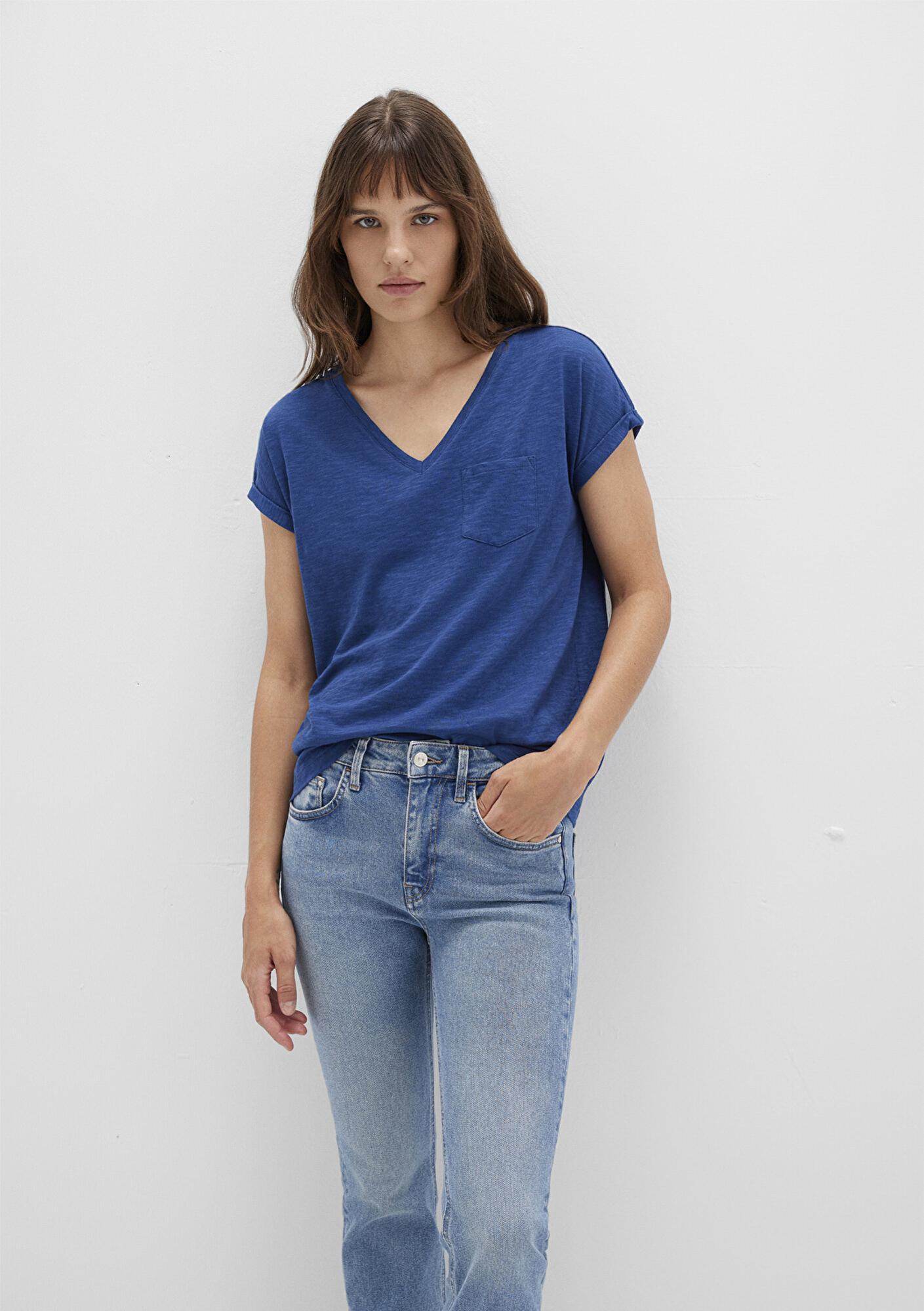 Mavi V Yaka Mavi Basic Tişört Loose Fit / Bol Rahat Kesim 1600961-30808