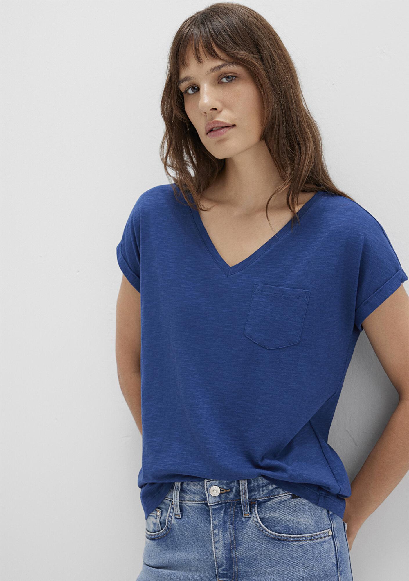 Mavi V Yaka Mavi Basic Tişört Loose Fit / Bol Rahat Kesim 1600961-30808