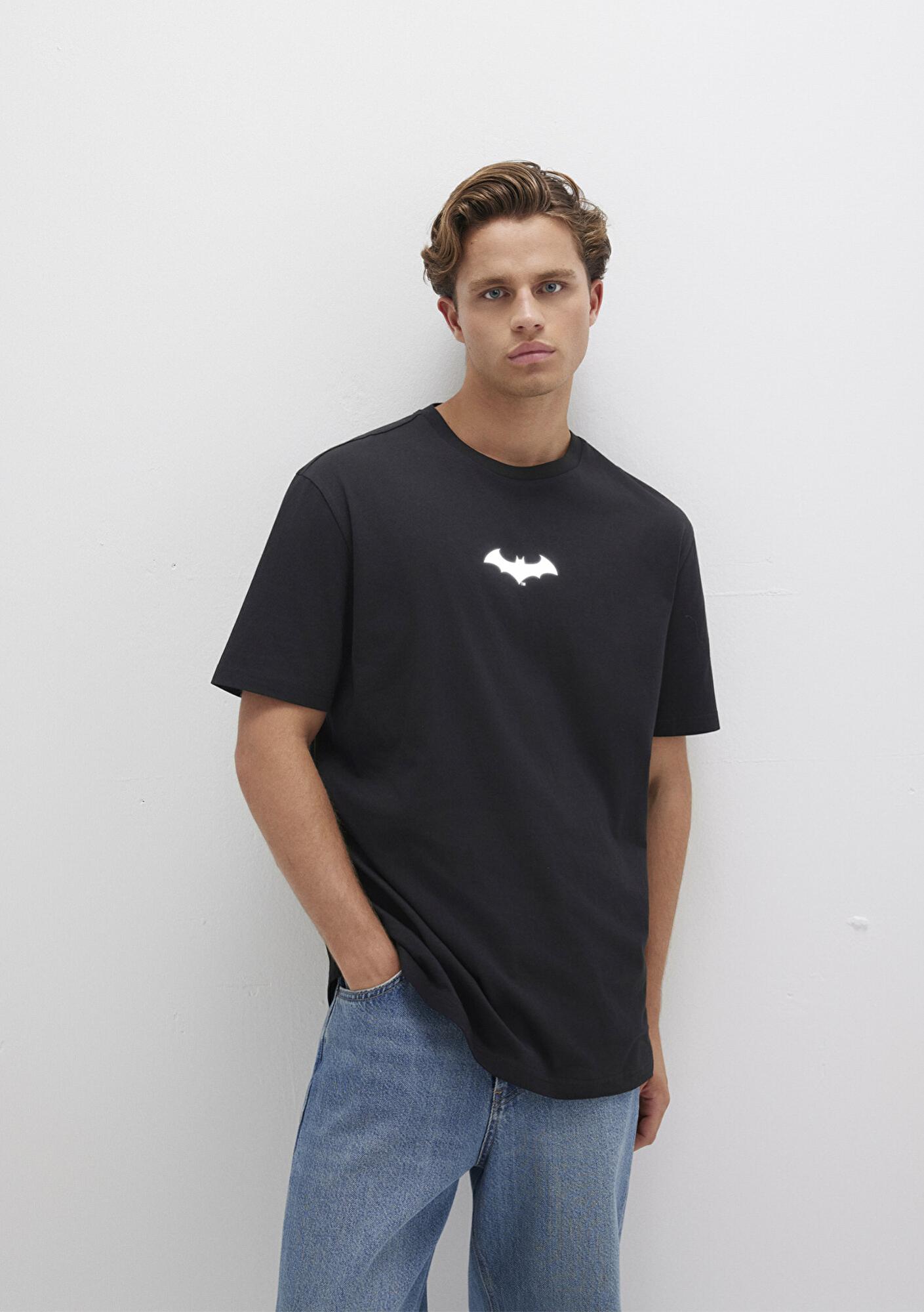 Mavi Batman Baskılı Siyah Tişört Loose Fit / Bol Rahat Kesim 066878-900