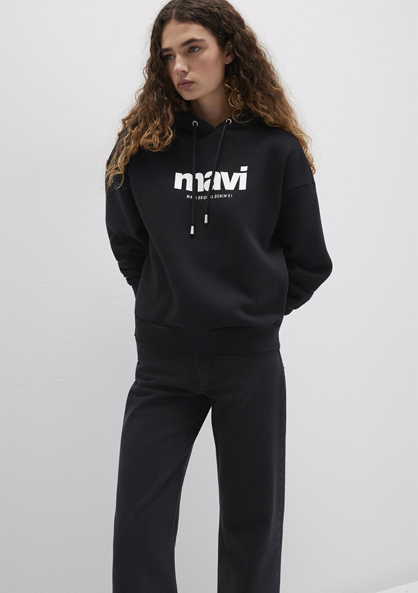 Mavi Mavi Logo Baskılı Kapüşonlu Siyah Sweatshirt 168334-900