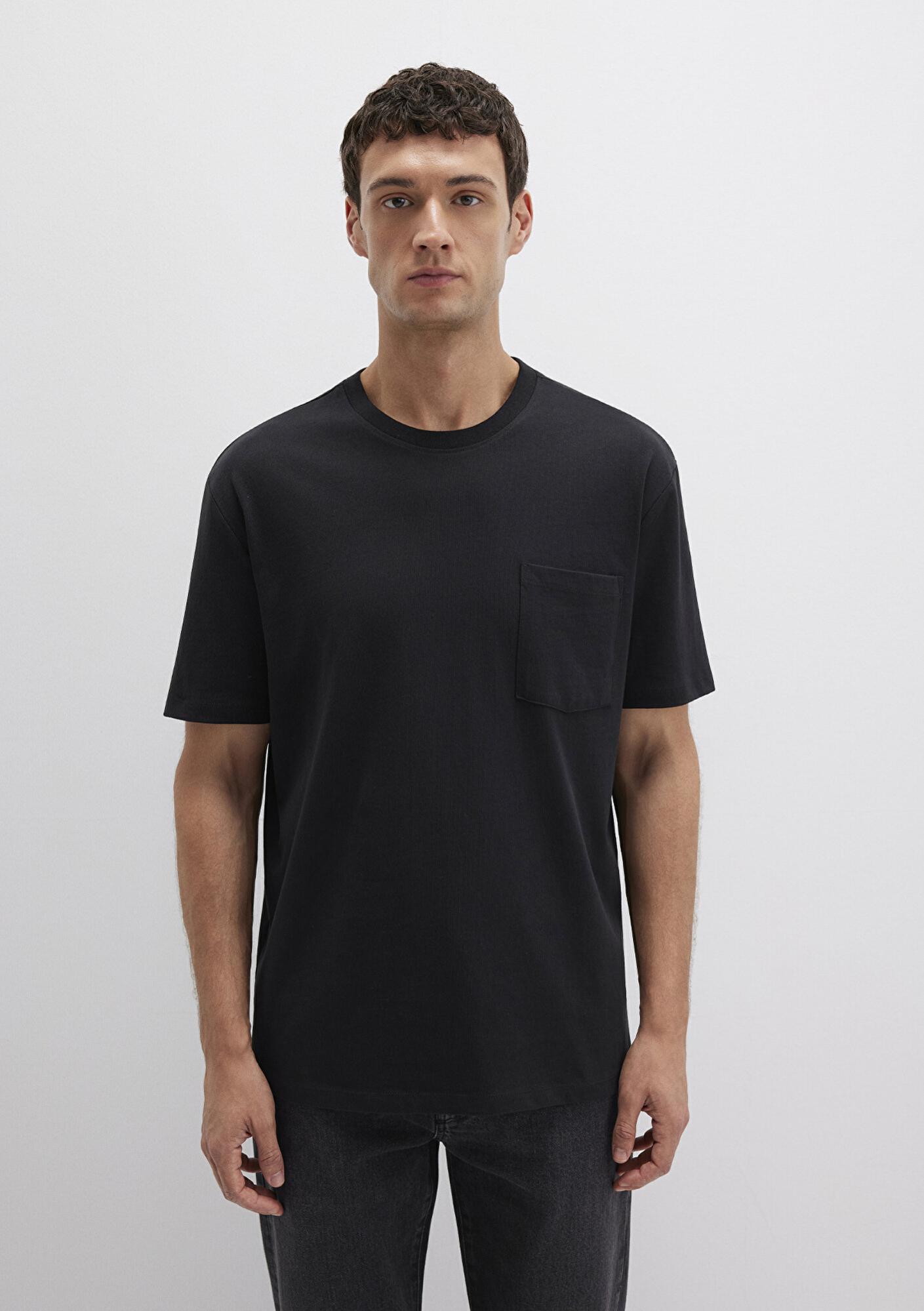 Mavi Cep Detaylı Siyah Basic Tişört Loose Fit / Bol Rahat Kesim 066248-900