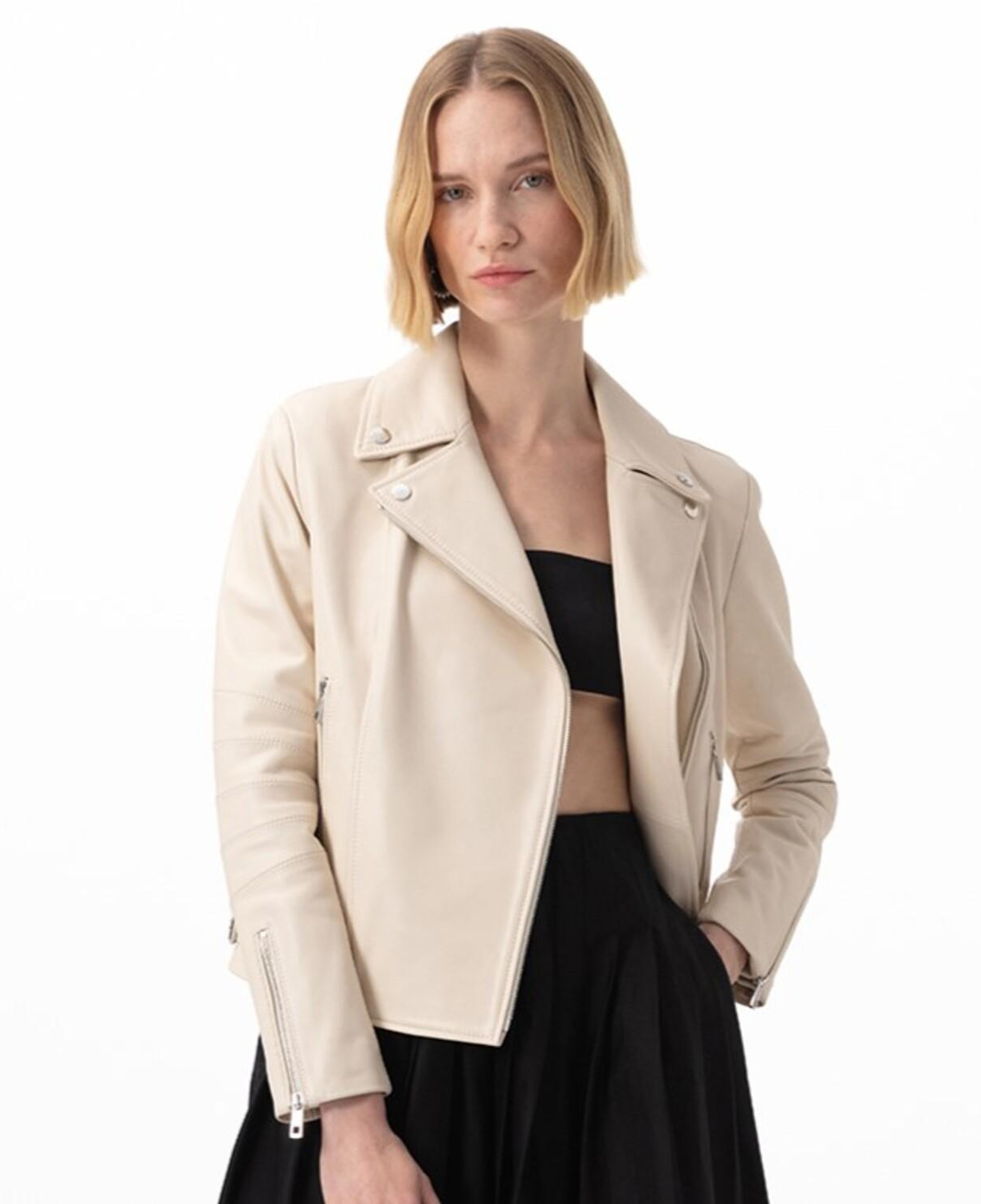 Adsilla Krem Kadın Deri Biker Ceket