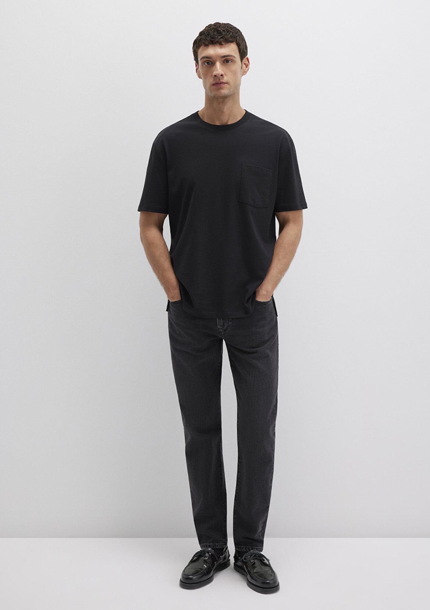 Mavi Cep Detaylı Siyah Basic Tişört Loose Fit / Bol Rahat Kesim 066248-900