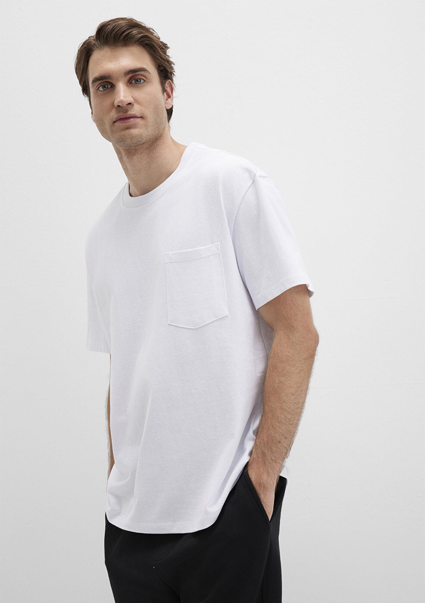 Mavi Cep Detaylı Beyaz Basic Tişört Loose Fit / Bol Rahat Kesim 066248-620