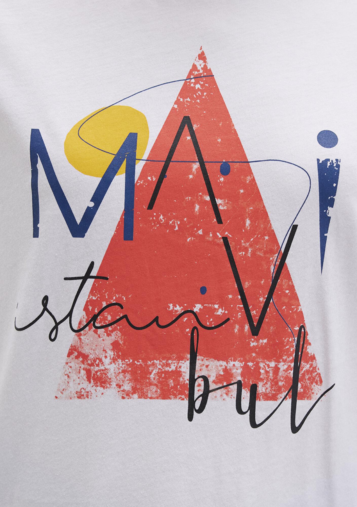 Mavi Üçgen Baskılı Beyaz İstanbul Tişört Regular Fit / Normal Kesim 168892-620