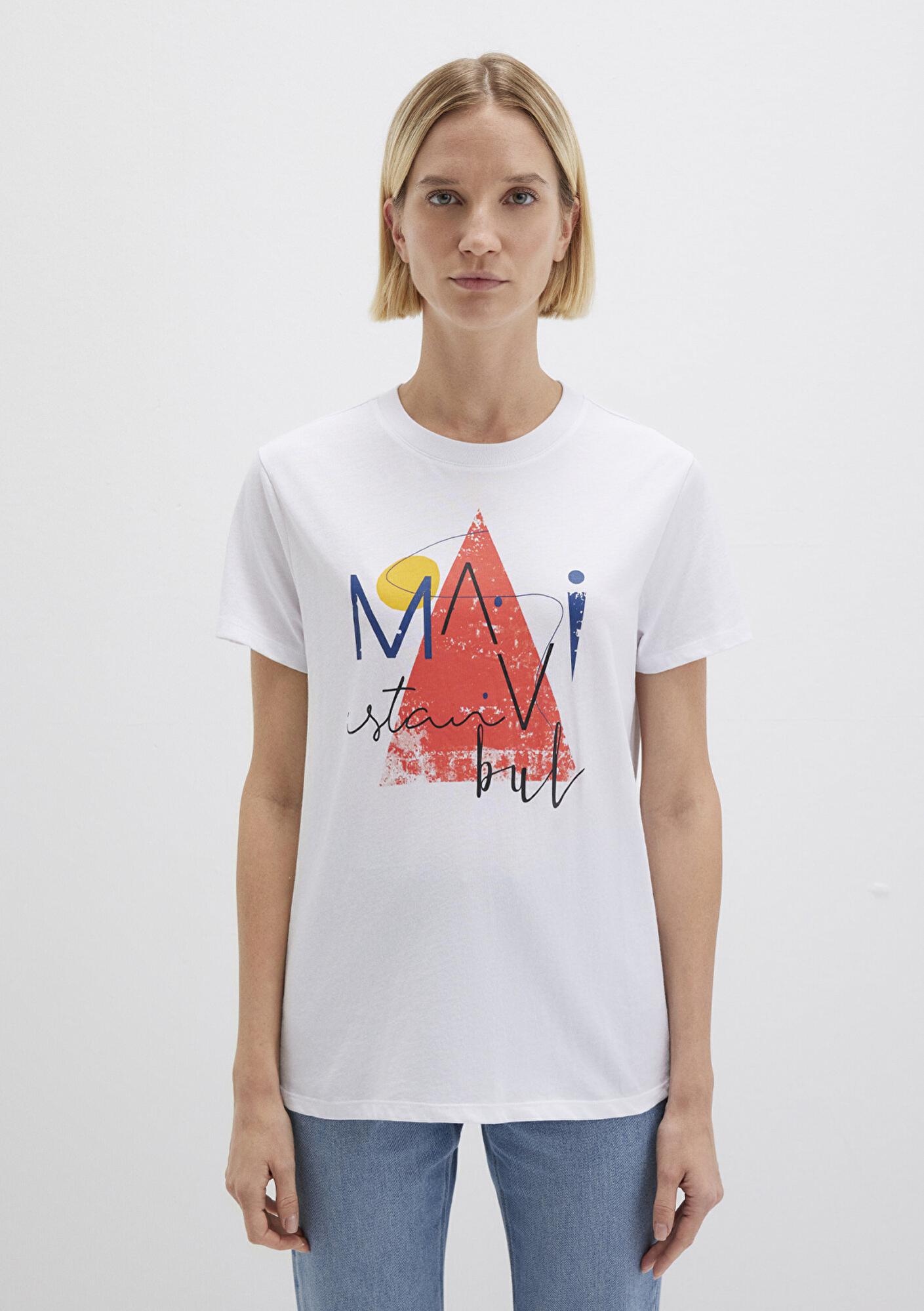 Mavi Üçgen Baskılı Beyaz İstanbul Tişört Regular Fit / Normal Kesim 168892-620