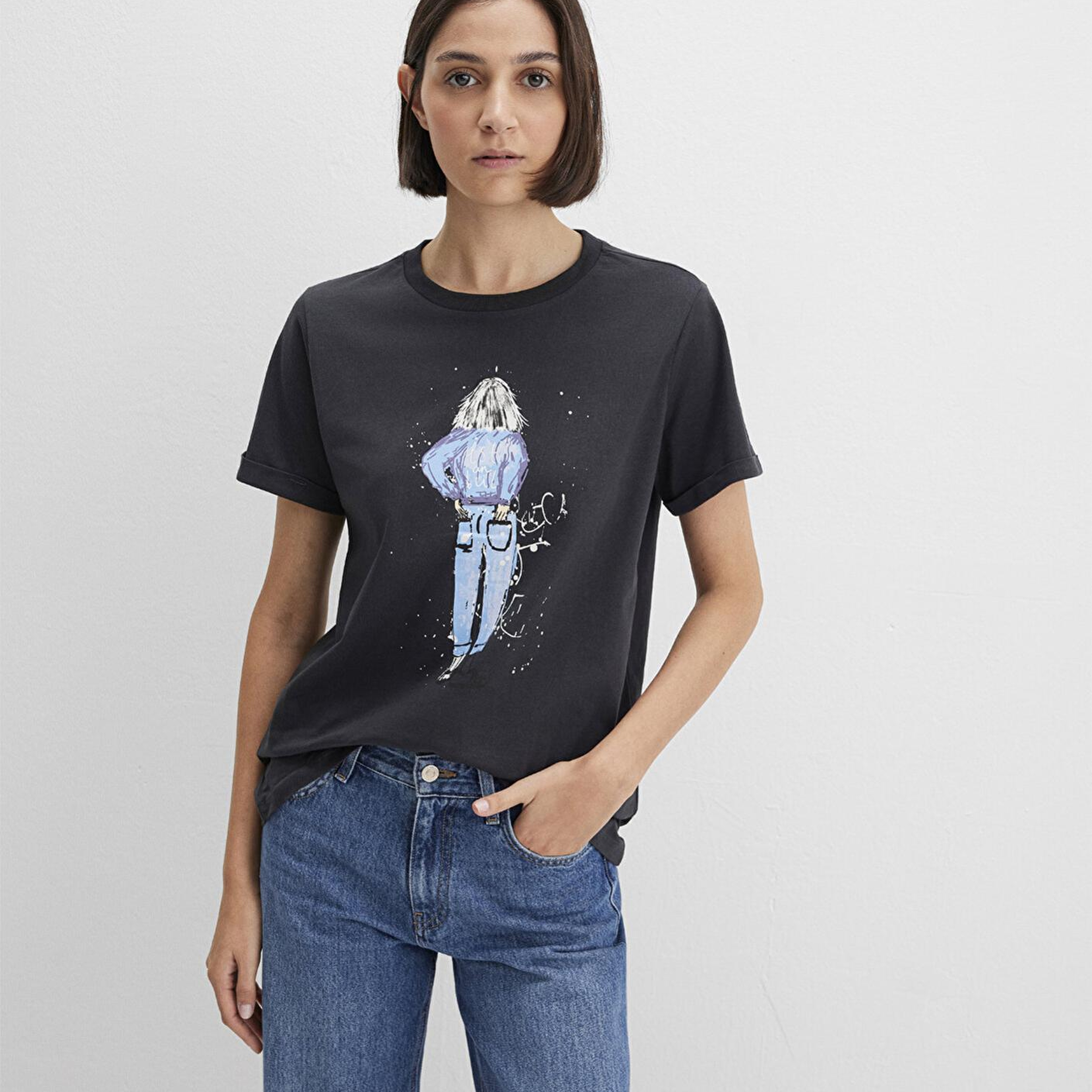 Mavi Denim Kız Baskılı Antrasit İstanbul Tişört Regular Fit / Normal Kesim 168890-29726