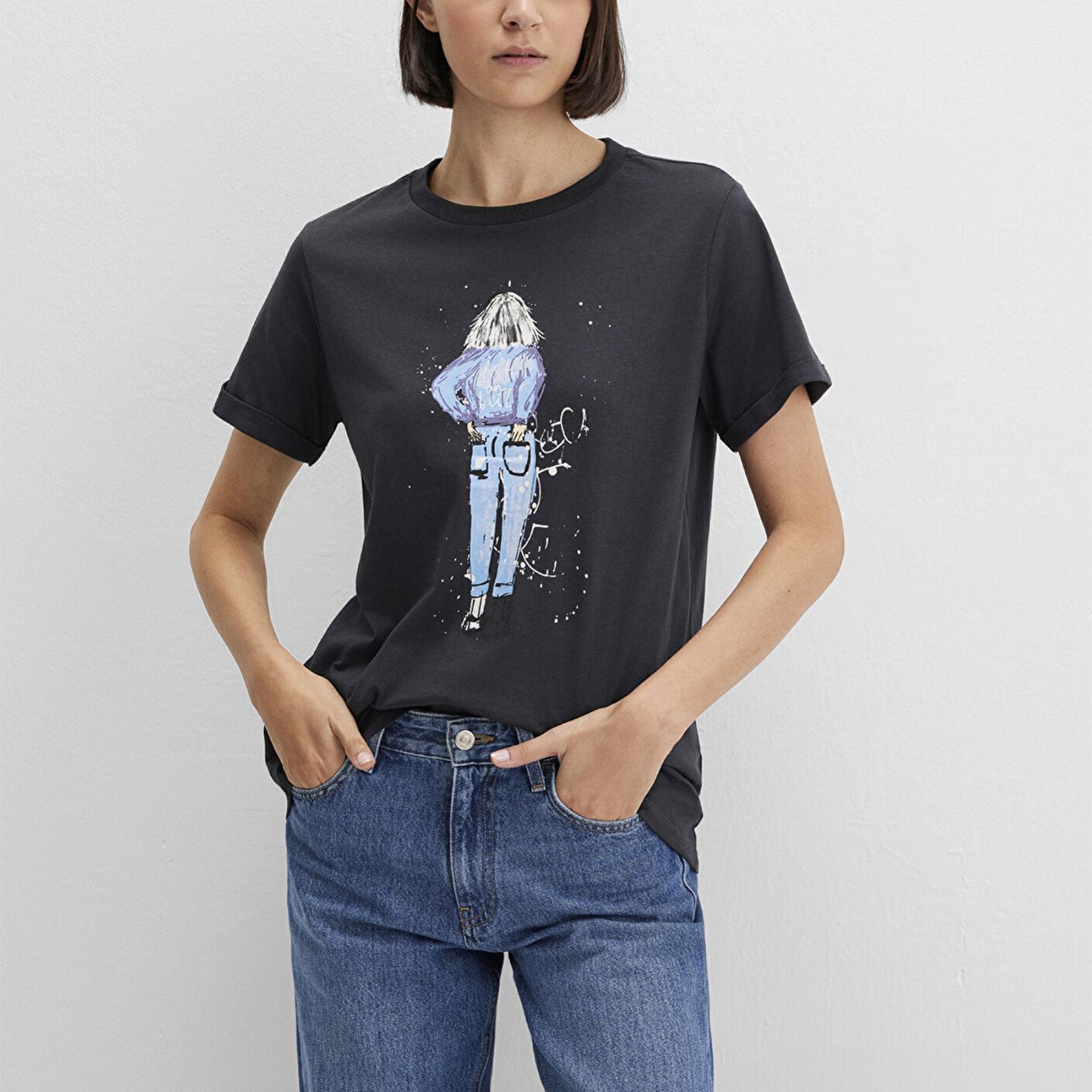 Mavi Denim Kız Baskılı Antrasit İstanbul Tişört Regular Fit / Normal Kesim 168890-29726