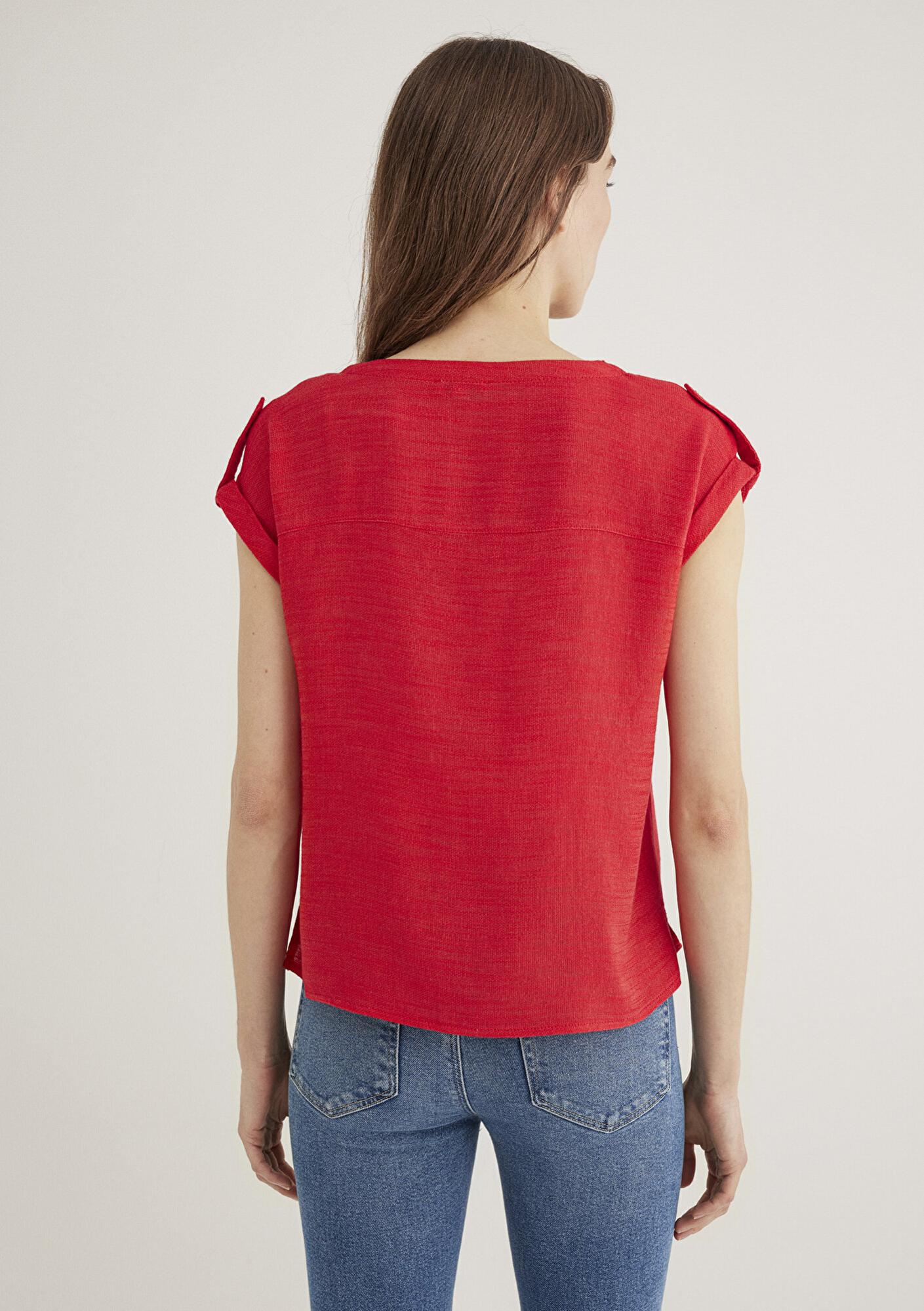 Mavi V Yaka Kırmızı Bluz 122504-30648