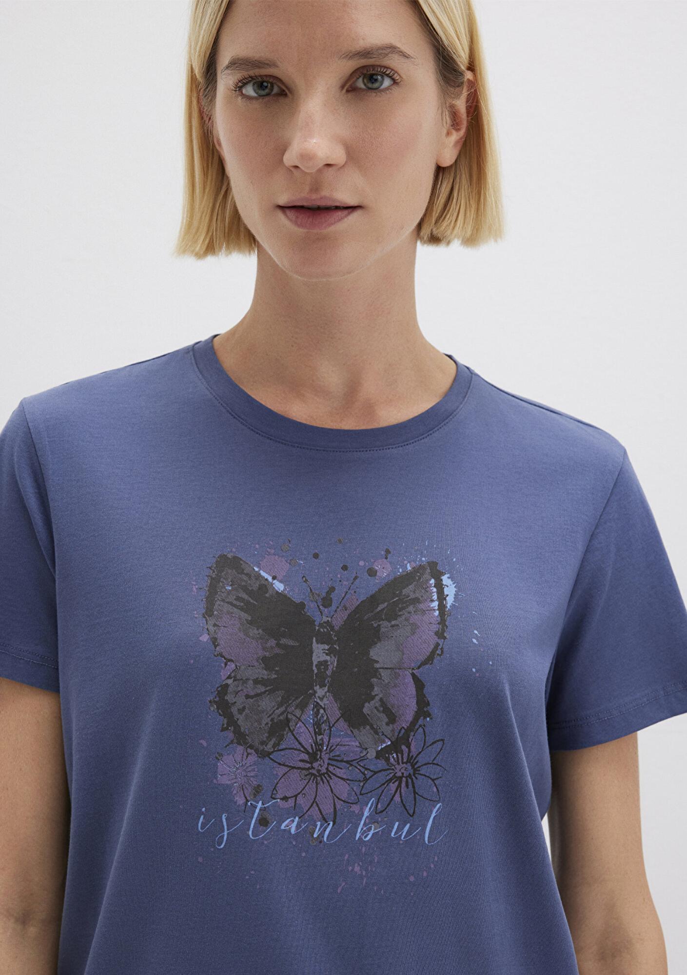 Mavi Kelebek Baskılı Lacivert İstanbul Tişört Regular Fit / Normal Kesim 168571-30233