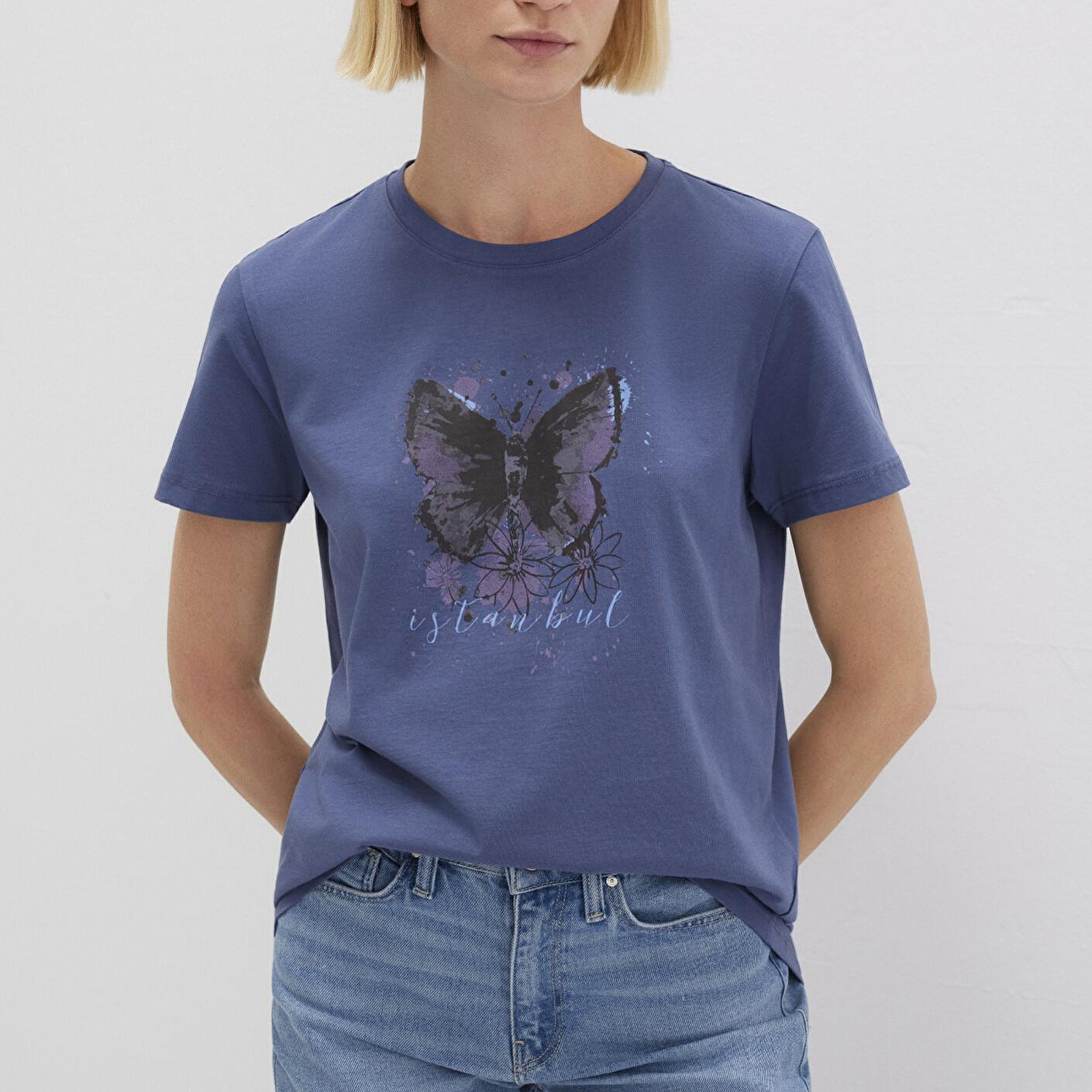 Mavi Kelebek Baskılı Lacivert İstanbul Tişört Regular Fit / Normal Kesim 168571-30233