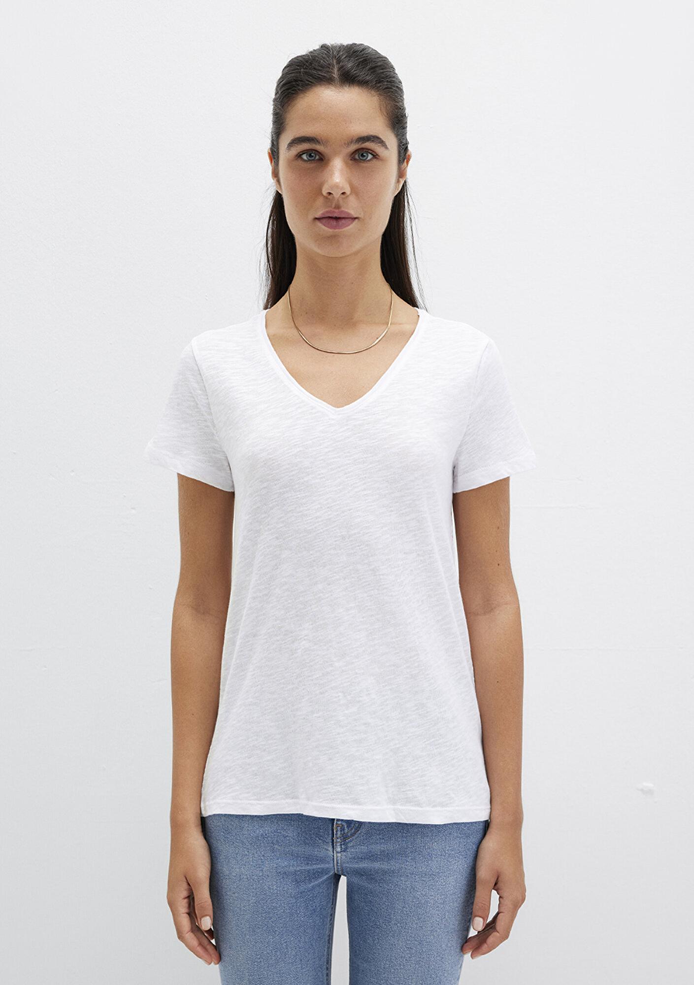 Mavi V Yaka Flamlı Beyaz Basic Tişört Slim Fit / Dar Kesim 168260-620